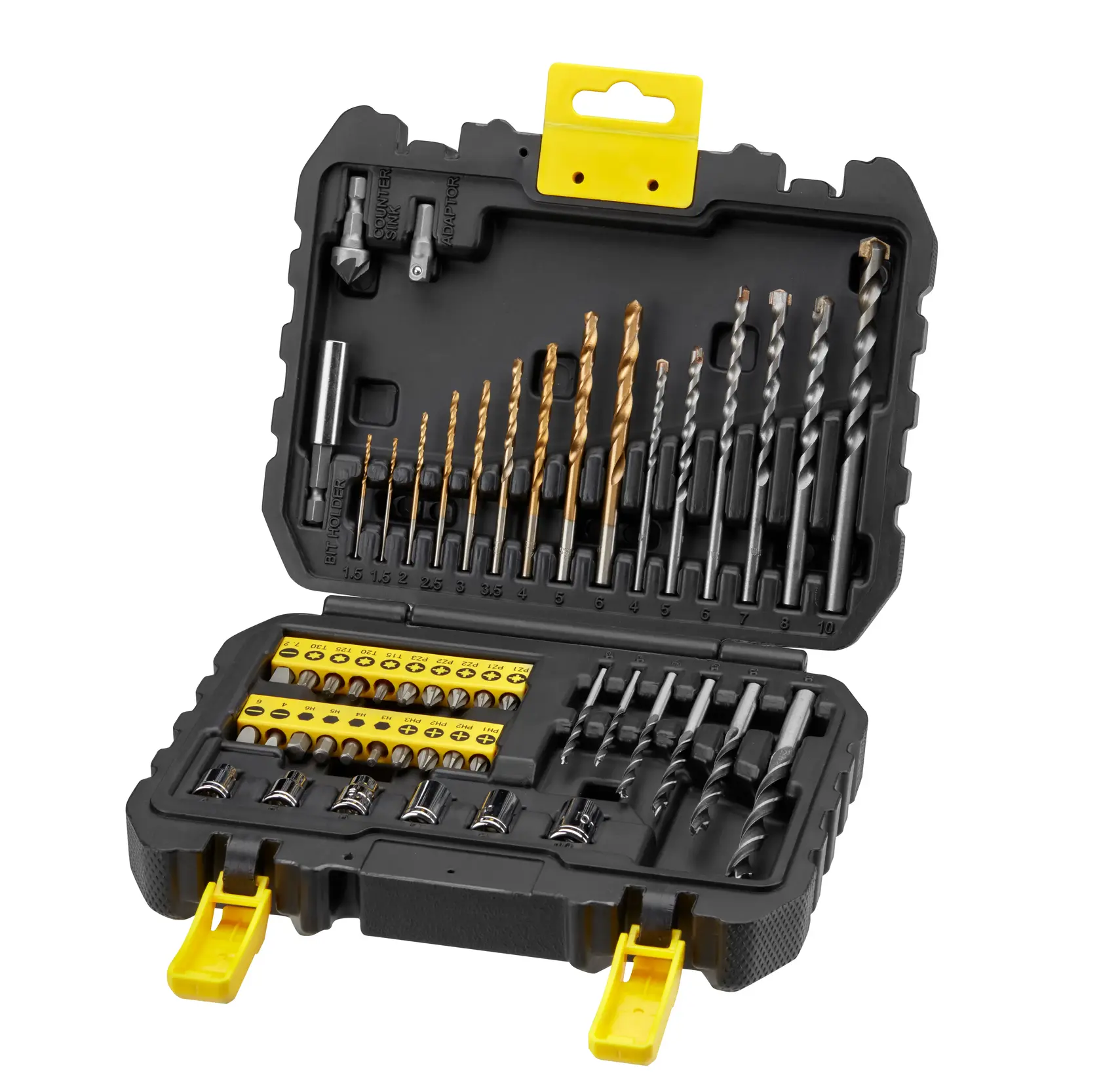 STANLEY STA88546 Bohr- und Schrauberbit-Set in schwarzem Koffer, offene Ansicht mit Bits und Zubehör.