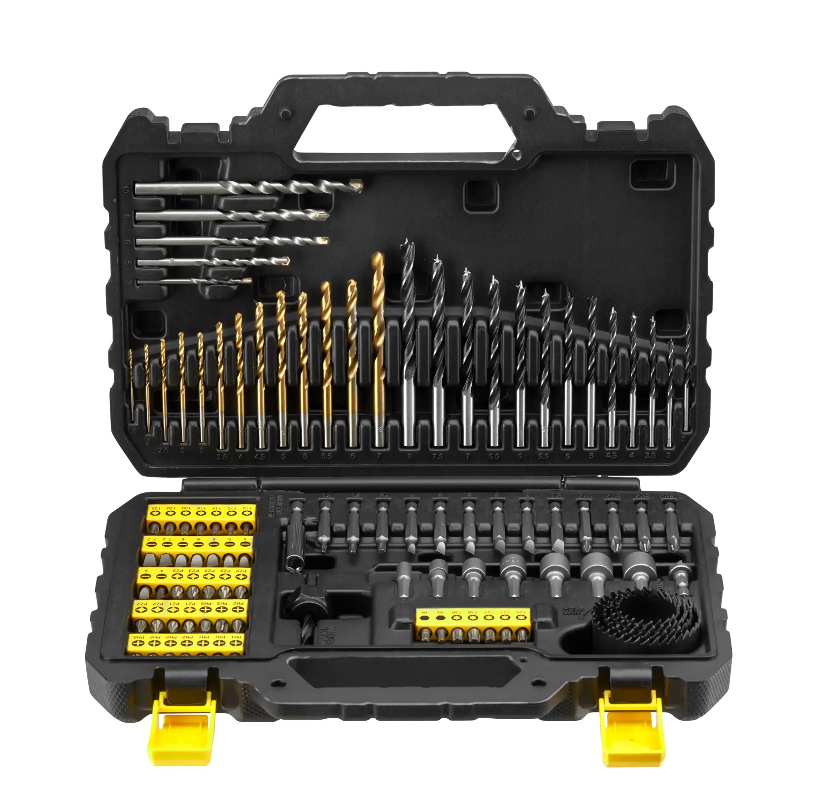 STANLEY STA88548 Bohrer- und Zubehörset im schwarzen Koffer, Vorderansicht, 100-teiliges Titan-Set.