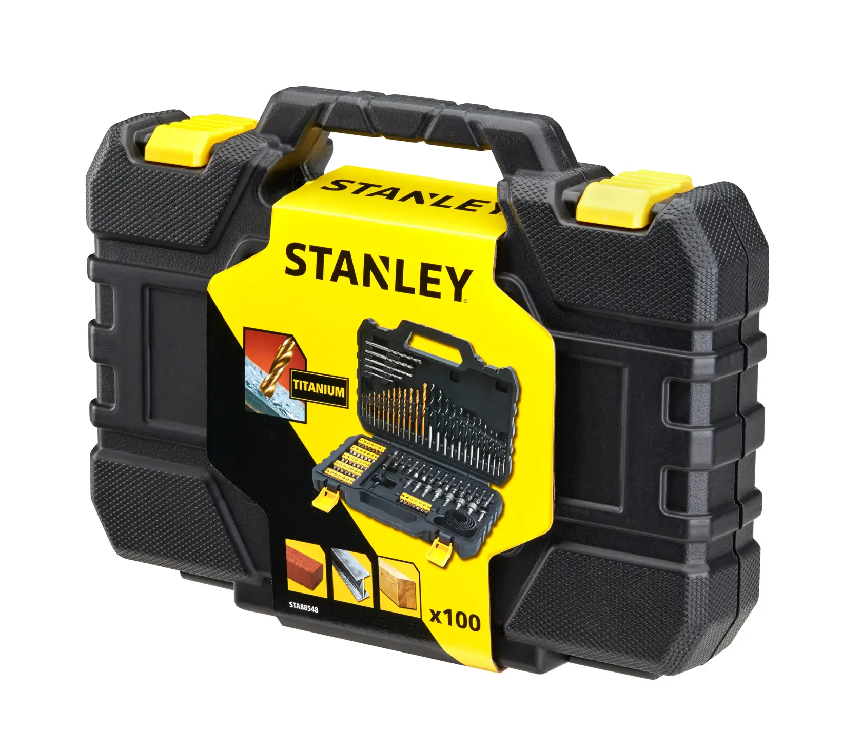 STANLEY STA88548 Titan-Bohrer- und Bit-Set in schwarzem und gelbem Hartkoffer, Fotografie aus schrägem Blickwinkel.