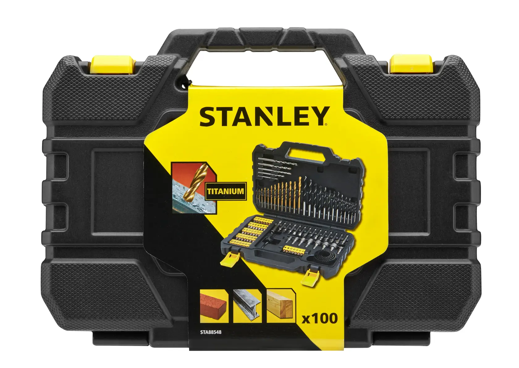 STANLEY STA88548 Bohrer- und Zubehörset im schwarzen Koffer, Vorderansicht, 100-teiliges Titan-Set.