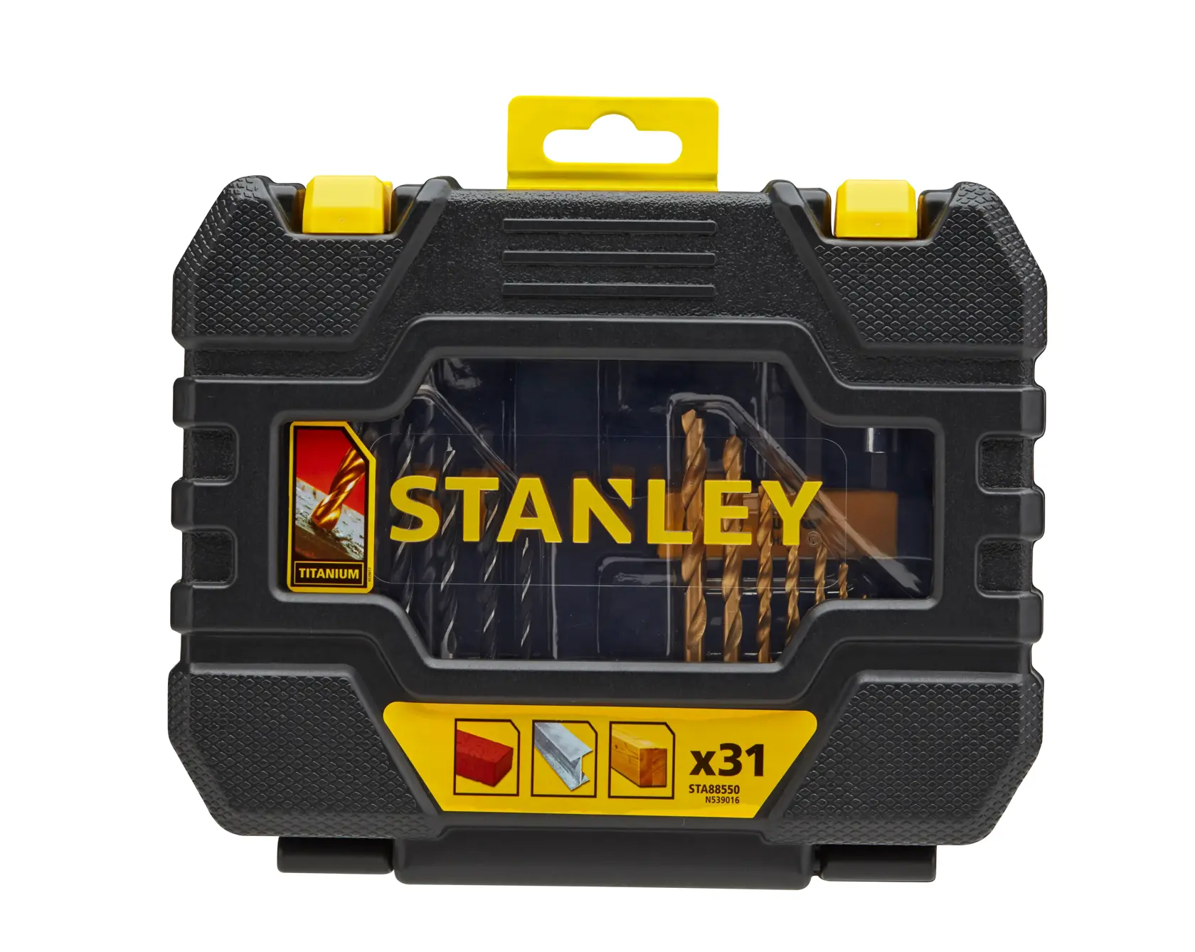 STANLEY STA88550 Titan-Bohrerset, 31-teilig, in schwarzem und gelbem Hartschalenkoffer, Frontansicht.