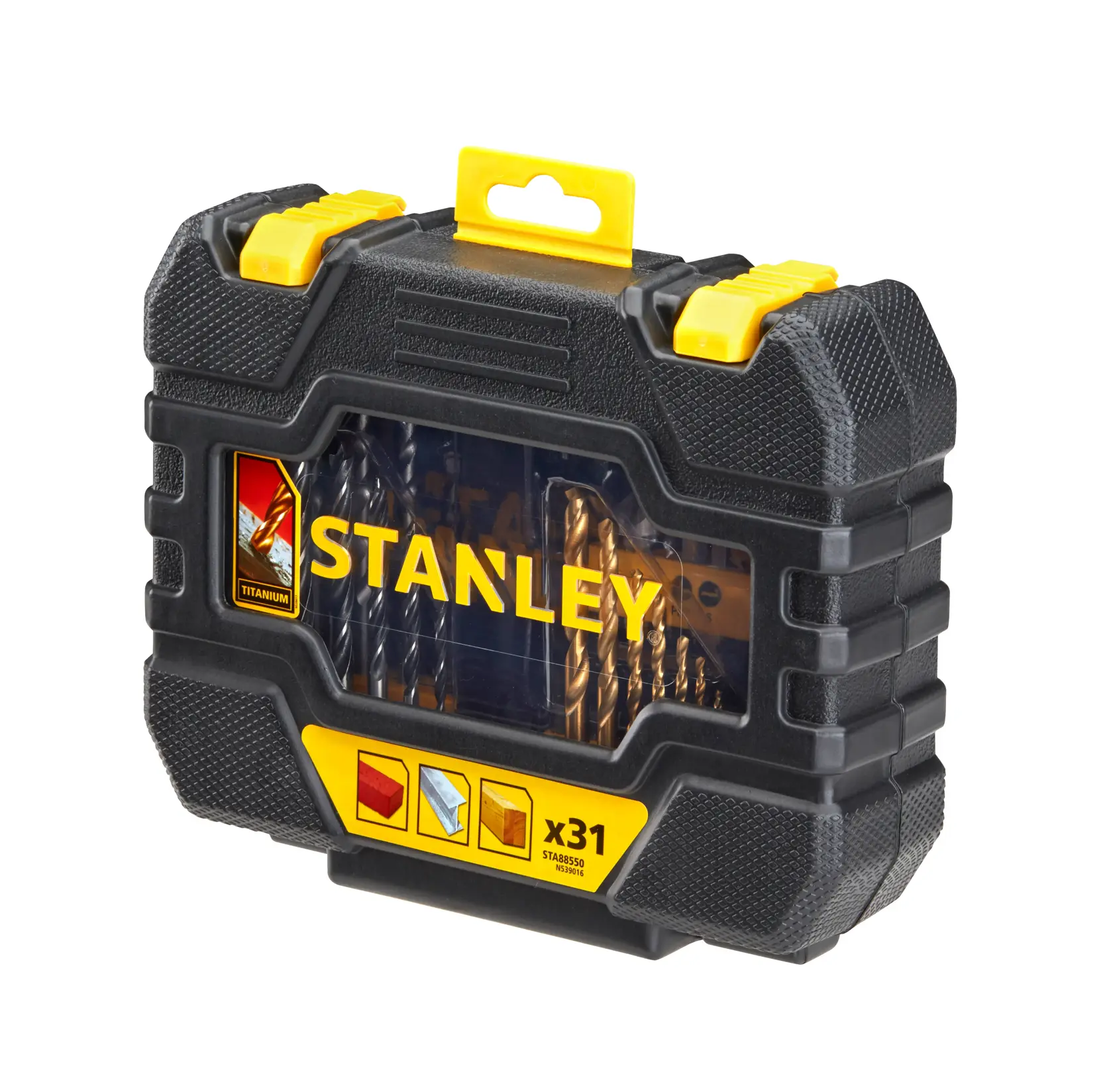 STANLEY STA88550 31-teiliges Bohrerset im schwarz-gelben Hartschalenkoffer, schräge Ansicht vor weißem Hintergrund.