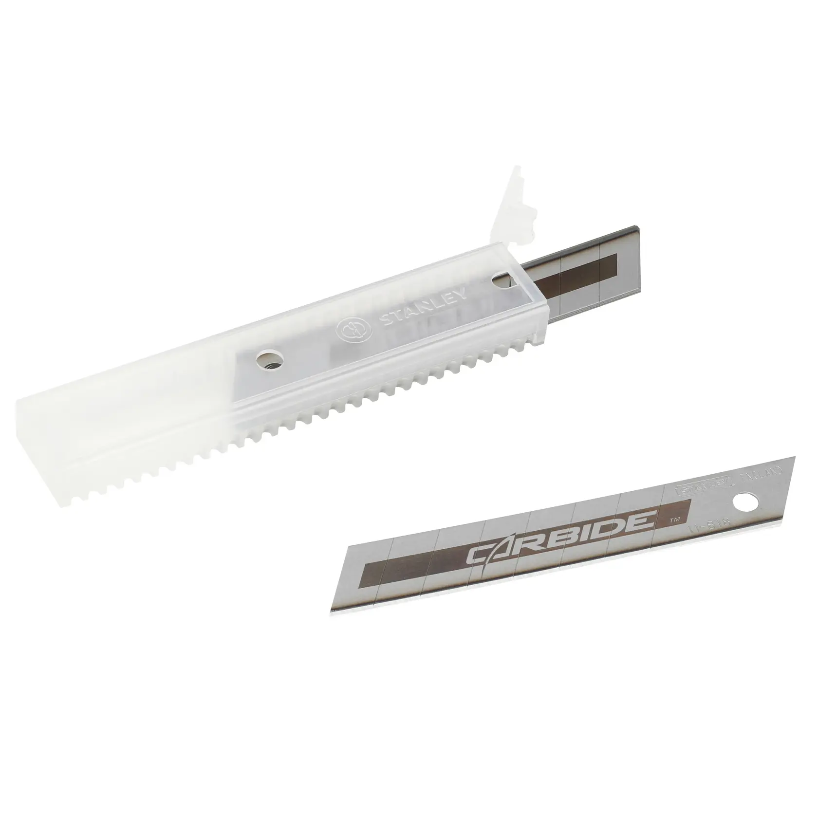 STANLEY STHT0-11818 Ersatzklingen mit Klarsichtbox, schräger Winkel, silberne Carbide-Klinge sichtbar.