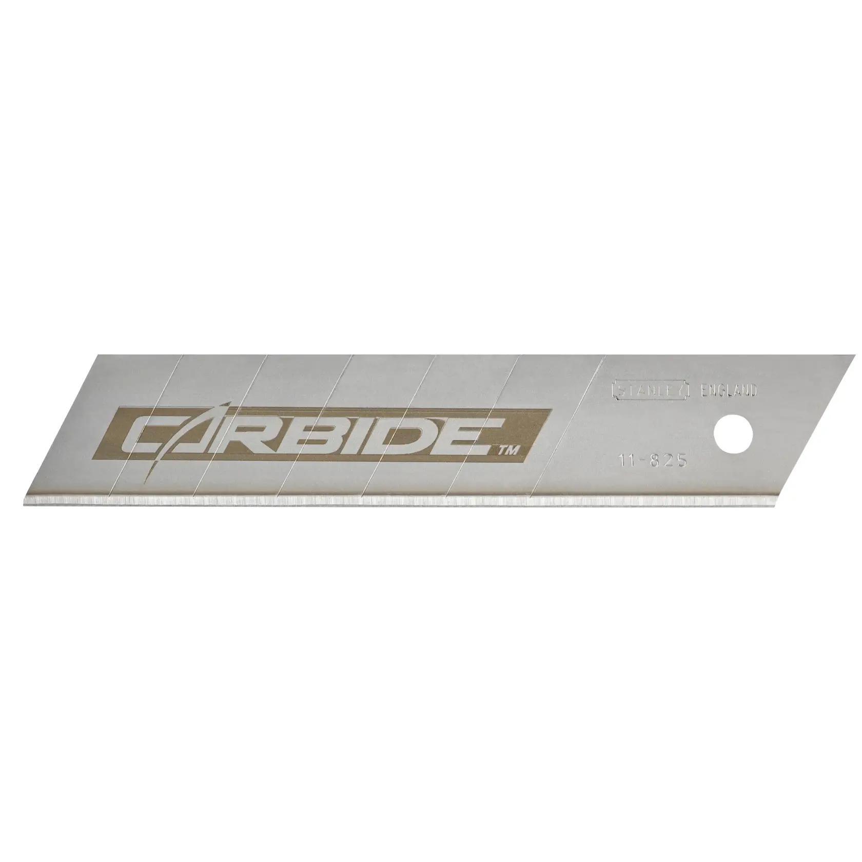 Fotografie der STANLEY STHT0-11825 Abbrechklinge, silbern mit carbide-Logo, Seitenansicht auf weißem Hintergrund.