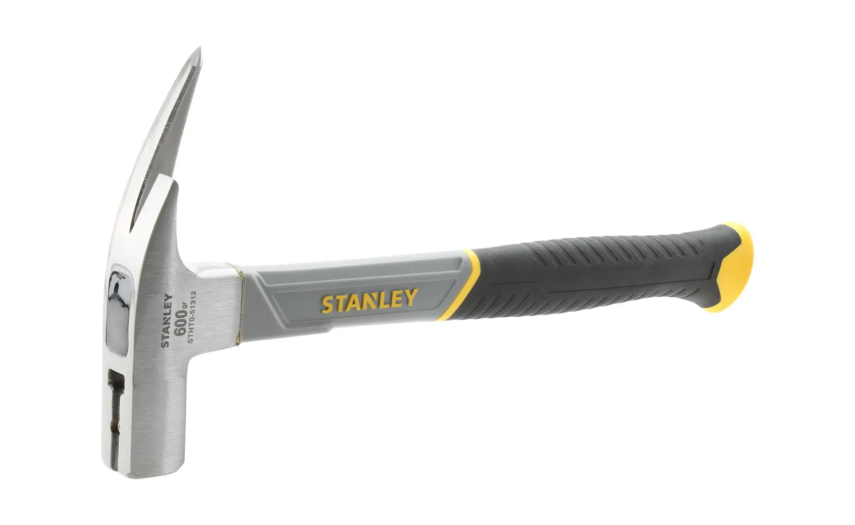 Foto des STANLEY STHT0-51312 Klauenhammers mit grau-gelbem Griff, Seitenansicht, weißer Hintergrund.