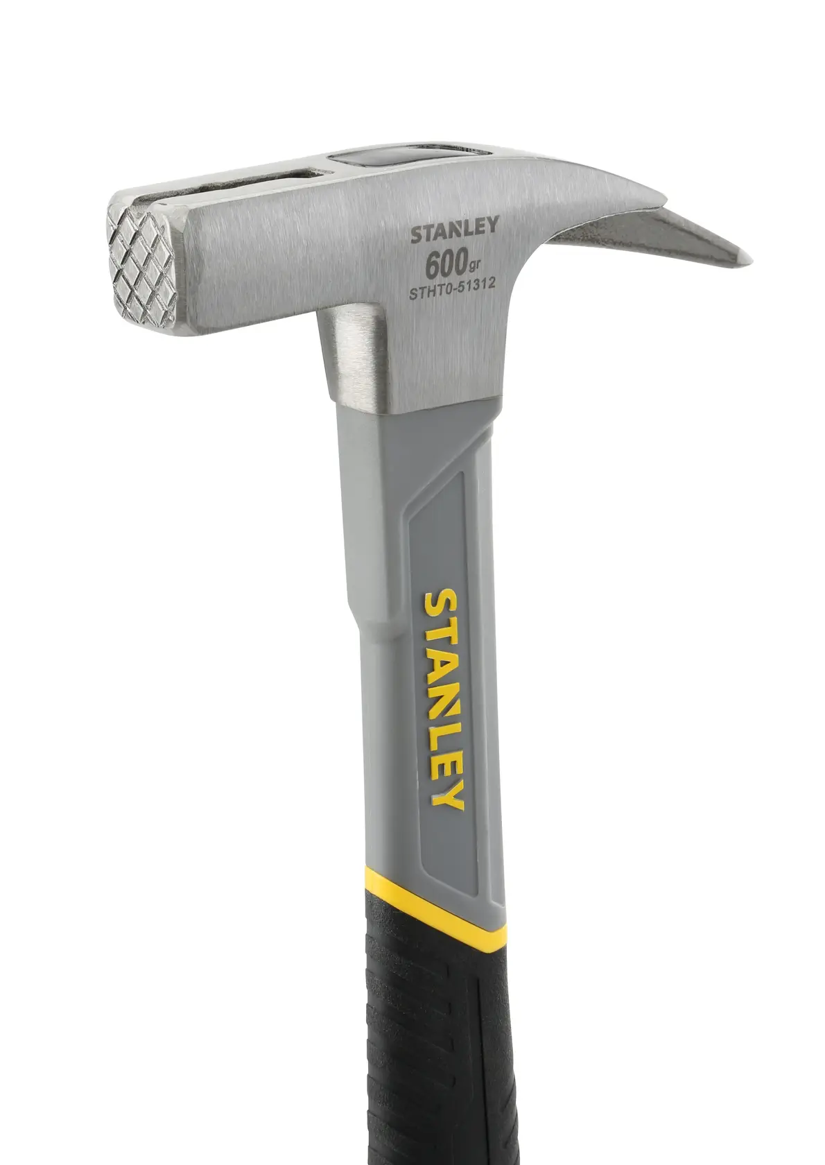 Foto des STANLEY STHT0-51312 Hammers mit grauem und gelbem Griff, Seitenansicht vor weißem Hintergrund.