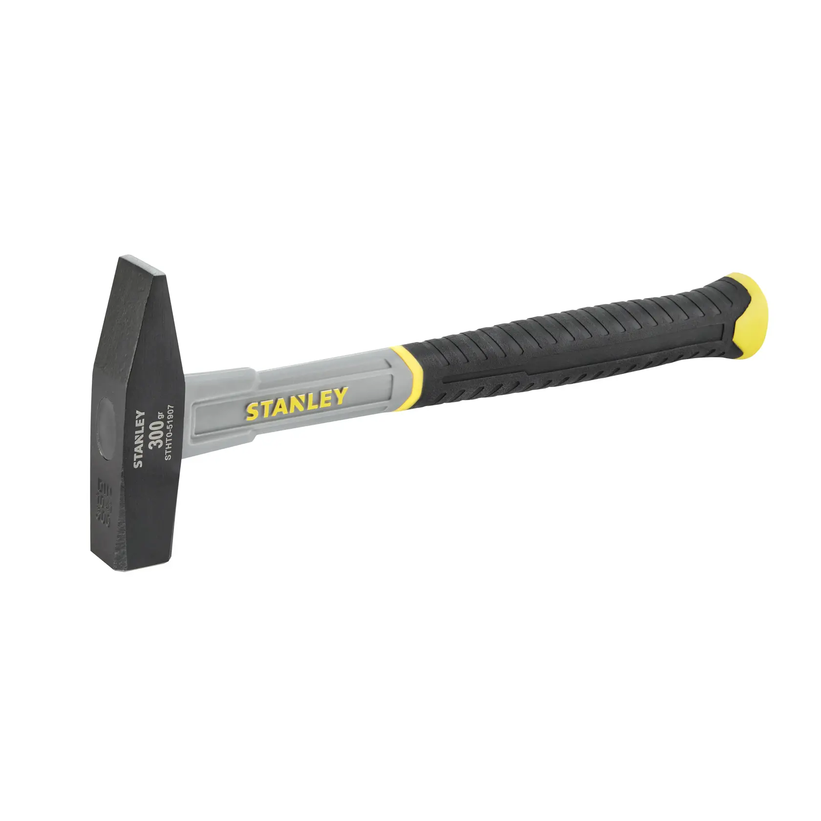 Stanley STHT0-51907 Hammer mit schwarzem Kopf und grau-schwarz-gelbem Griff, Seitenansicht Foto.