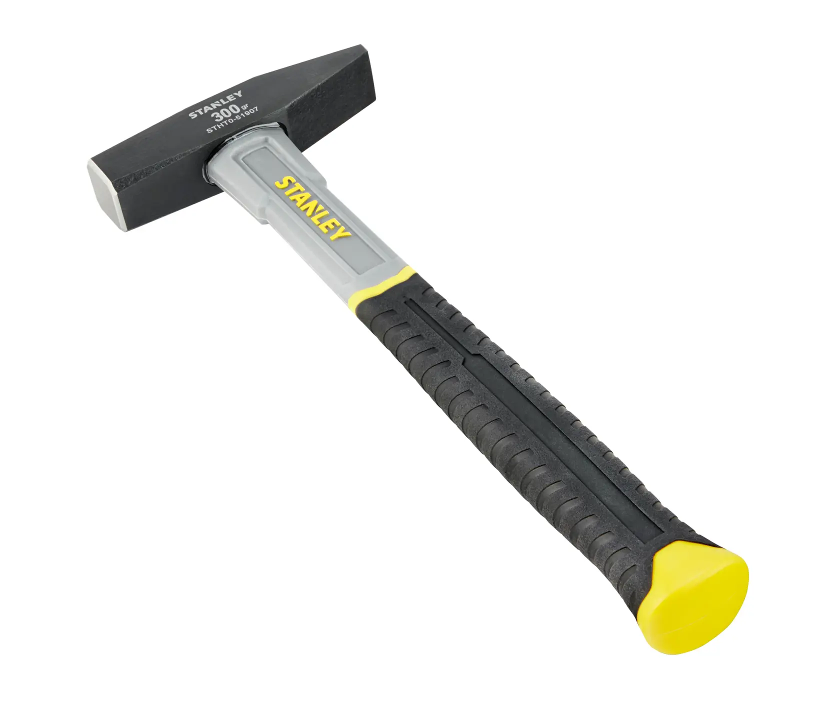 STANLEY STHT0-51907 Schlosserhammer, schwarzer Kopf, grauer und schwarzer Griff, gelbe Akzente, weißer Hintergrund.