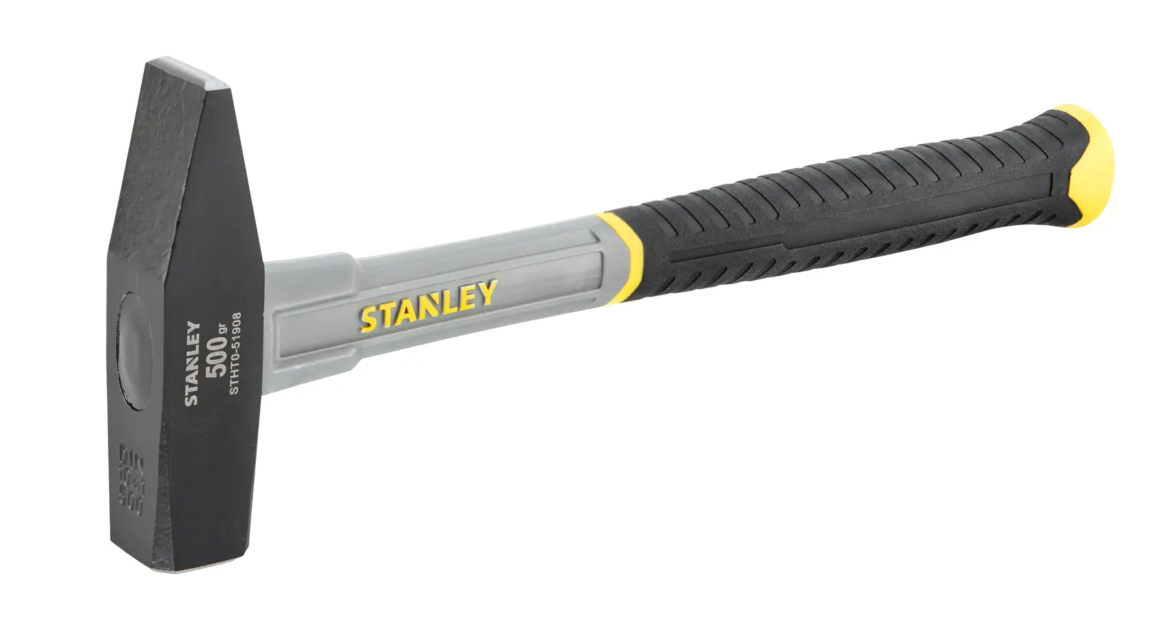 Foto des STANLEY STHT0-51908 Ingenieurhammers schwarz-gelb mit Fiberglasgriff, Seitenansicht vor Weiß.