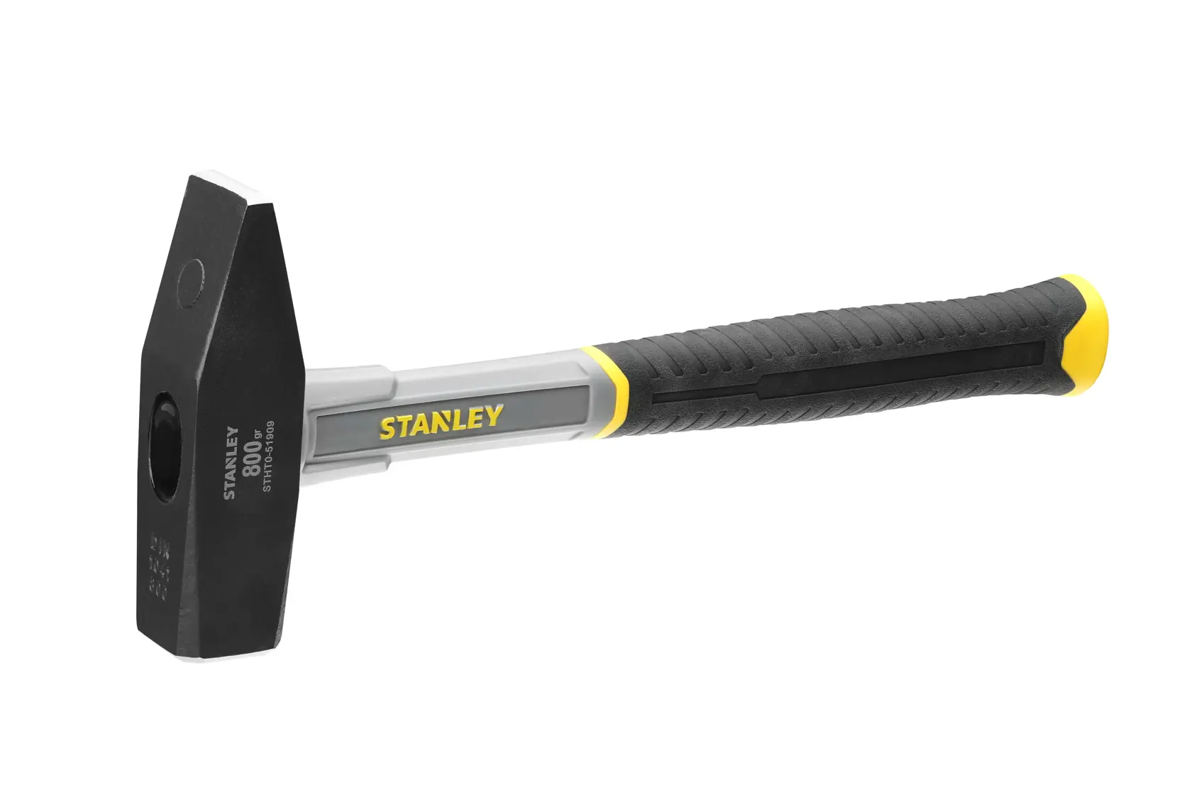 Foto des STANLEY STHT0-51909 Fäustel mit schwarz-gelbem Griff, schräg auf weißem Hintergrund.