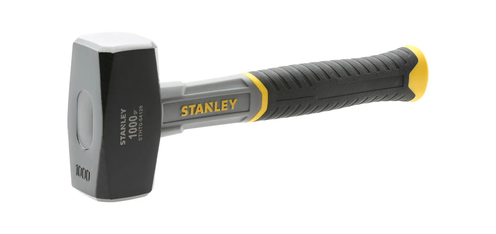 STANLEY STHT0-54126 Vorschlaghammer mit schwarzem-gelbem Griff, schräg, weißer Hintergrund.