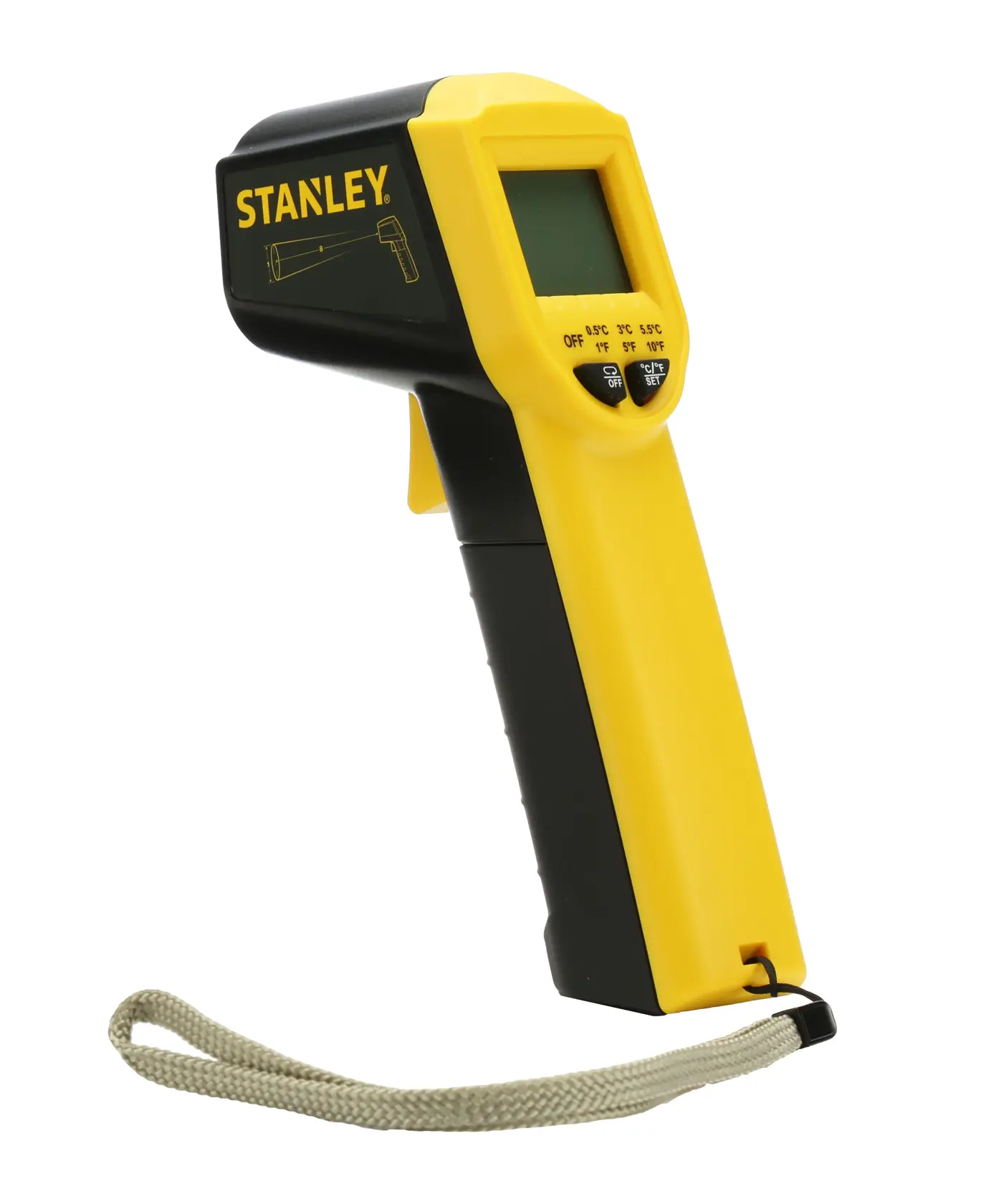 STANLEY STHT0-77365 gelb-schwarzes Infrarot-Thermometer mit LCD, Seitenansicht auf weißem Hintergrund.