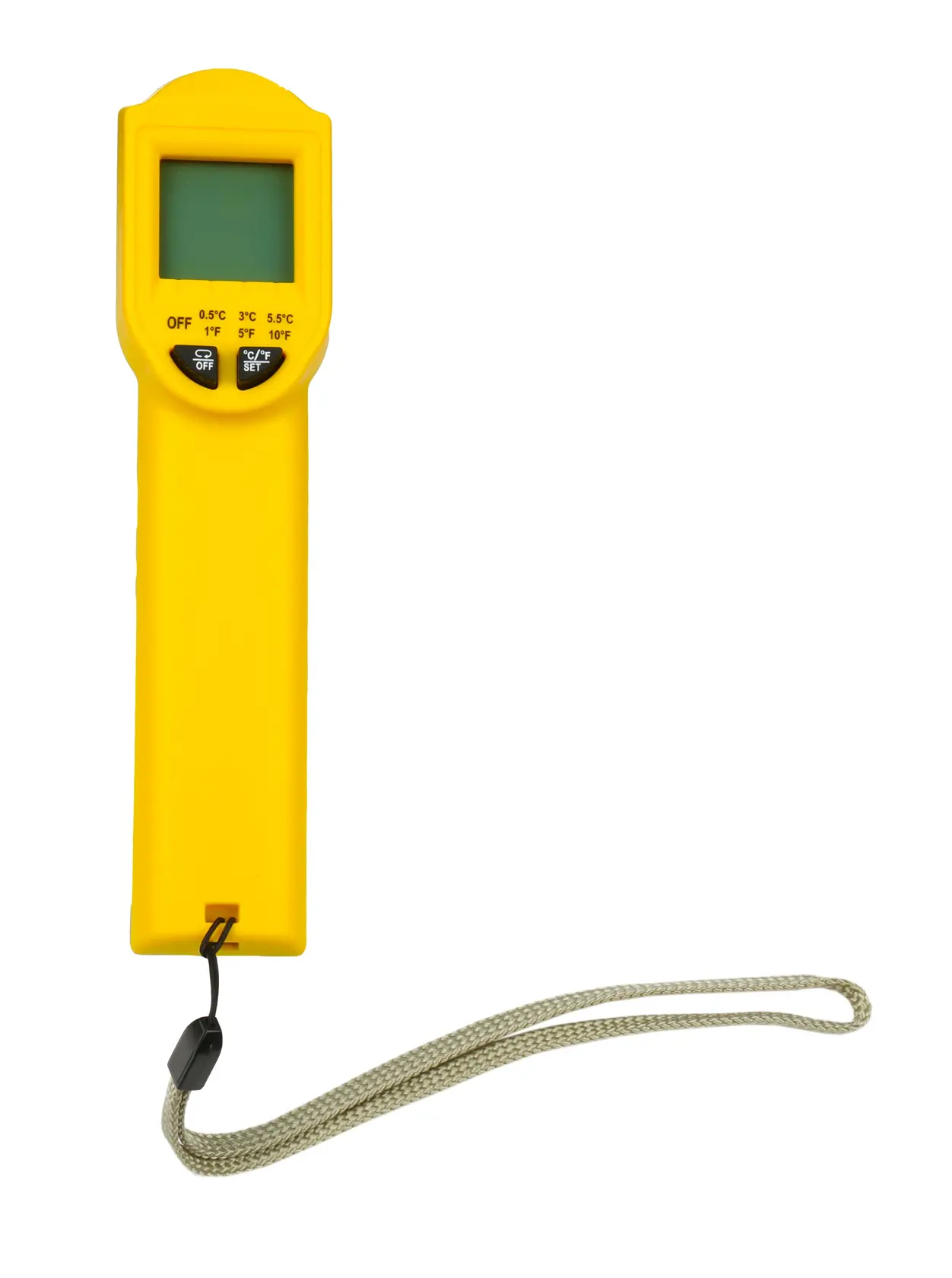 STANLEY STHT0-77365 gelbes Handthermometer mit LCD-Display, Vorderansicht, graues Armband.