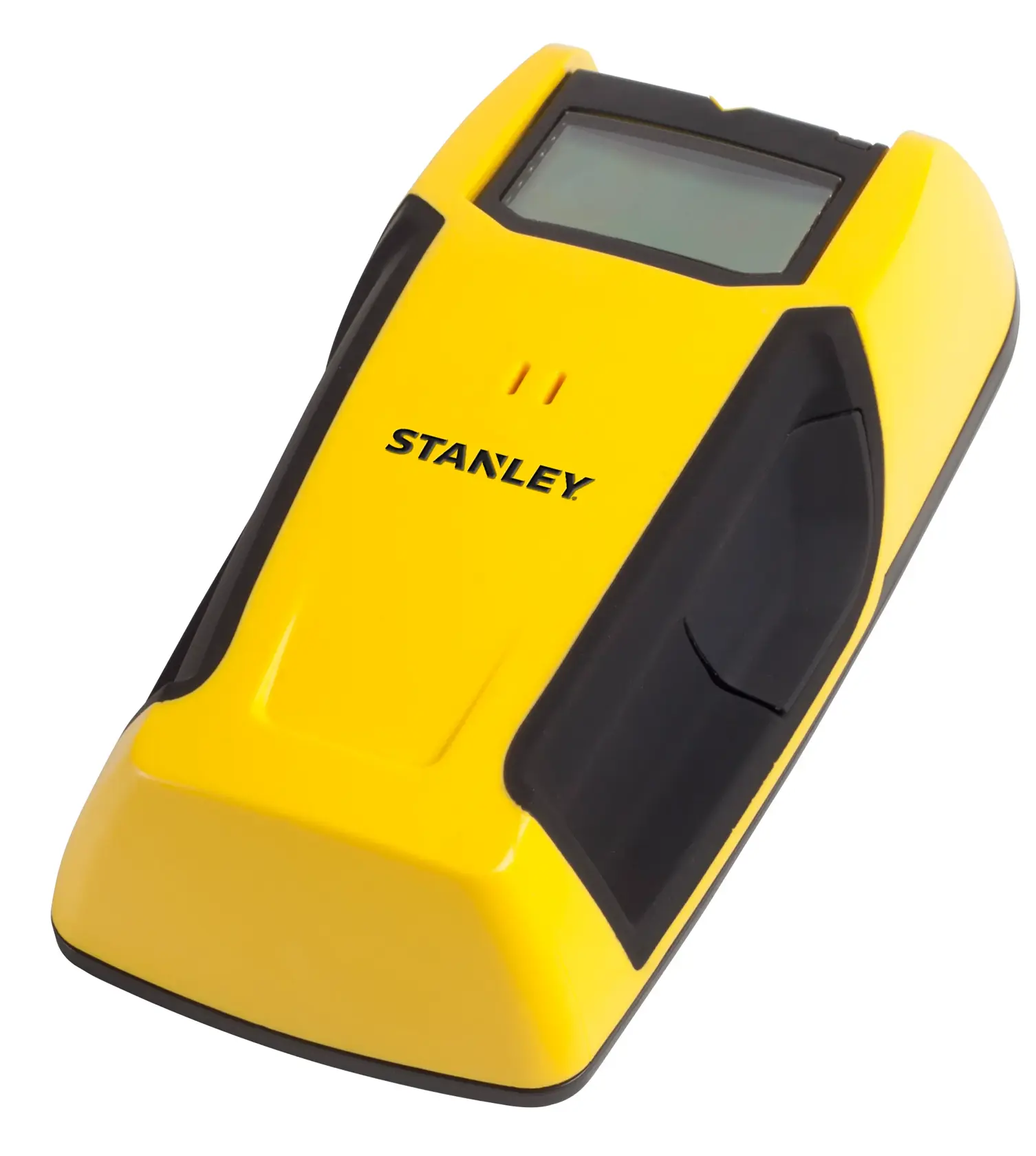 STANLEY STHT0-77406 gelb-schwarzer elektronischer Leitungsfinder mit LCD, schräge Ansicht, weißer Hintergrund.