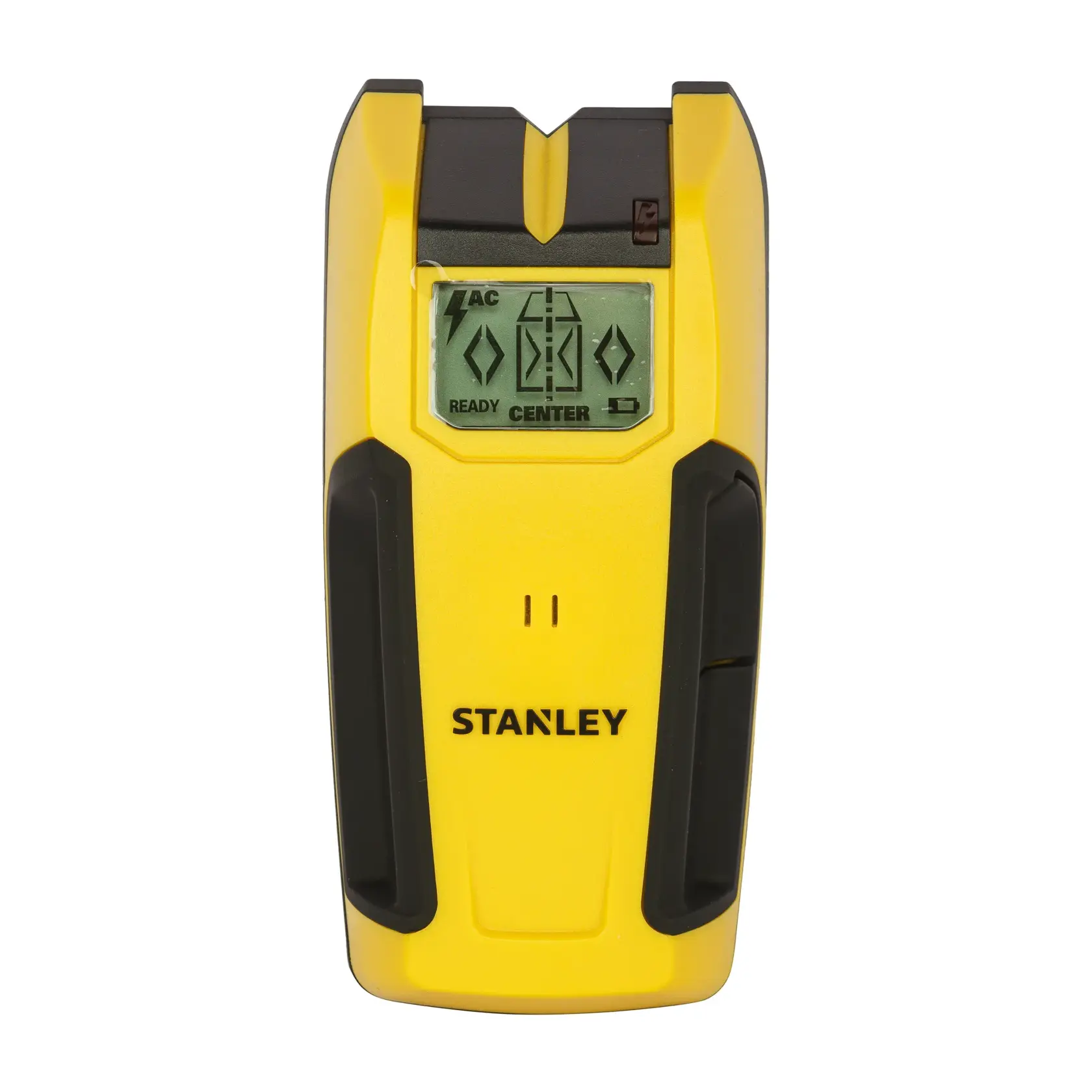 Gelber elektronischer Stanley-Stud-Finder mit LCD-Bildschirm zur Wandermessung.
