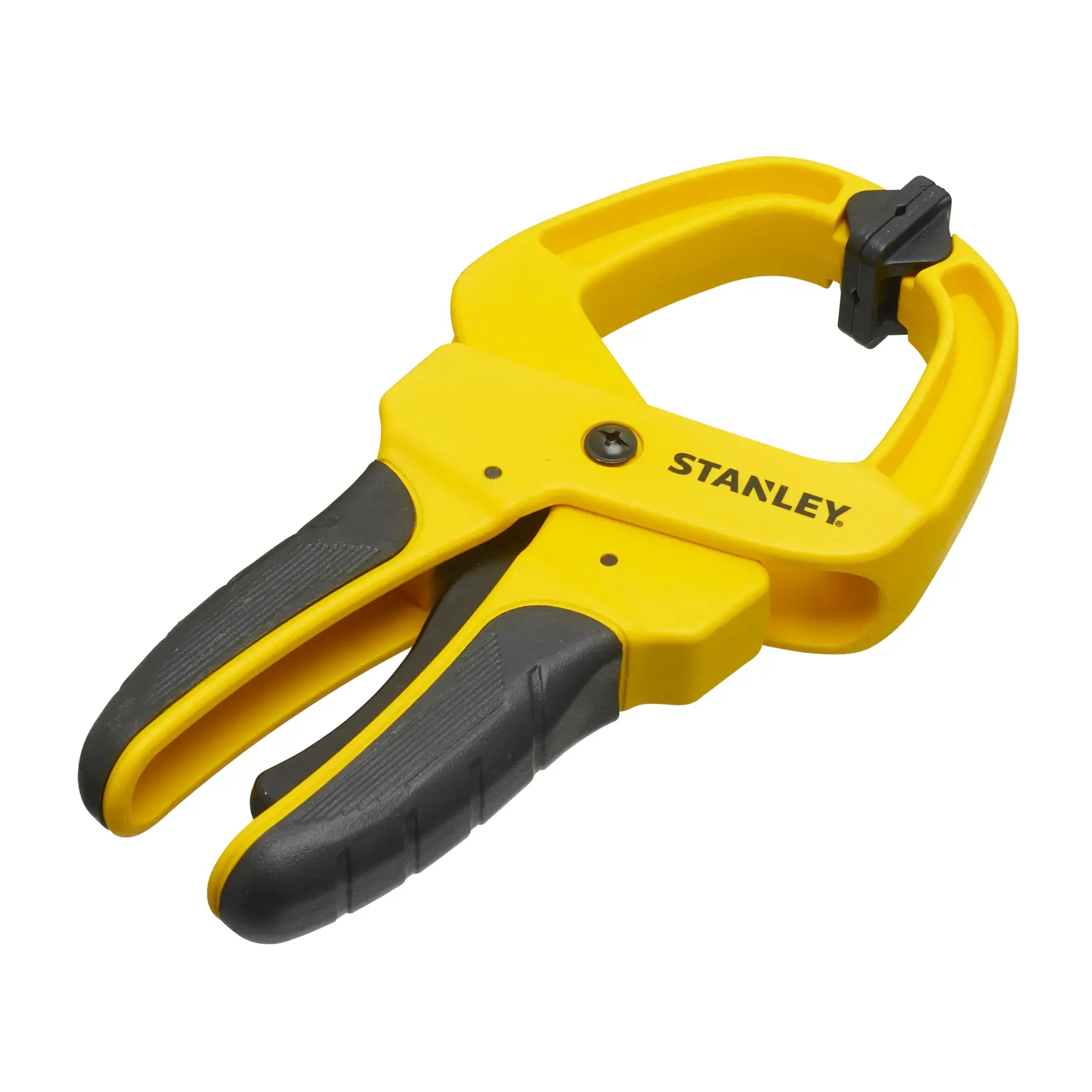 Gelb-schwarze Stanley Kunststoffzwinge mit ergonomischem Griff auf weißem Hintergrund.