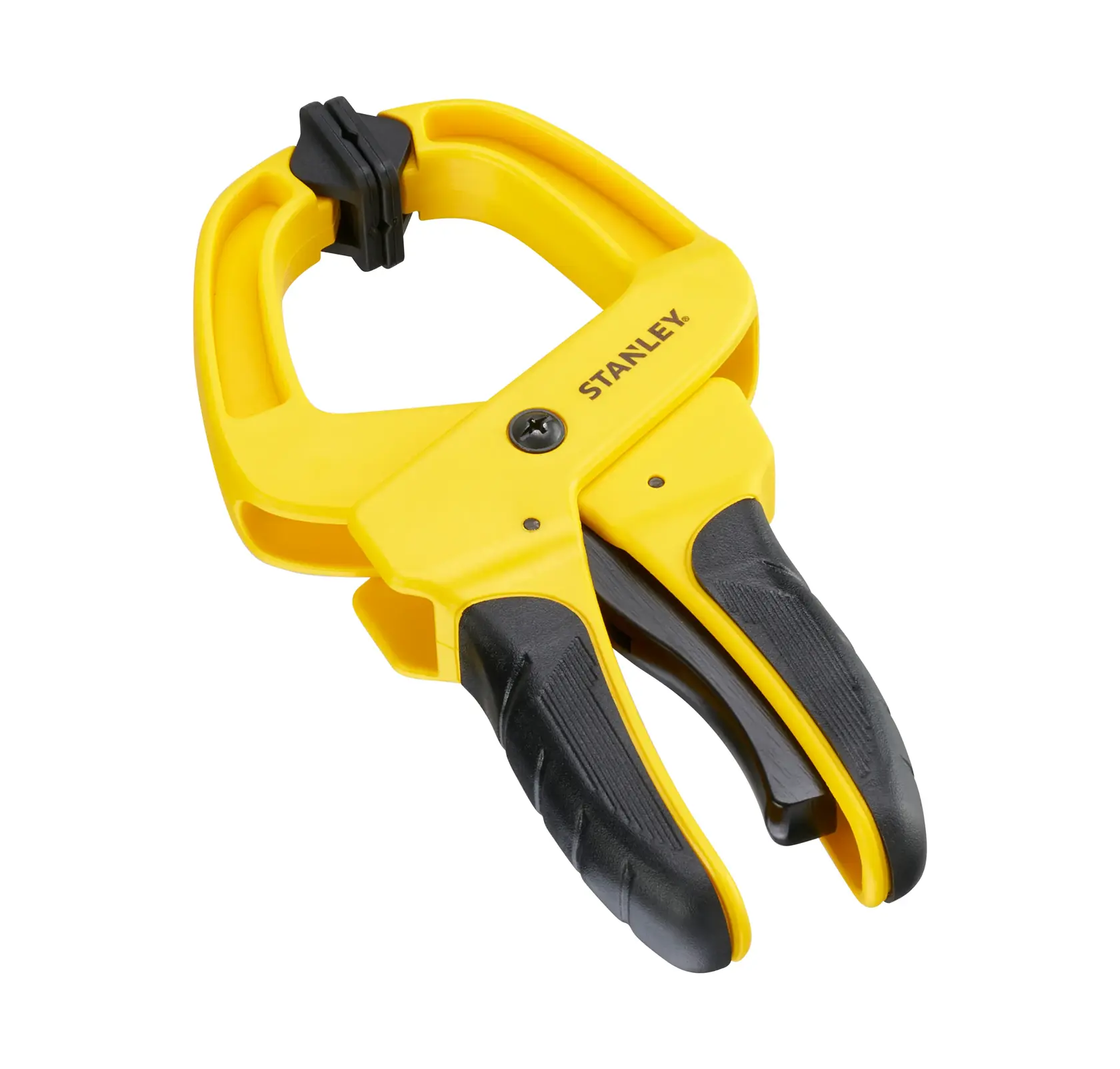 STANLEY STHT0-83199 gelbe und schwarze Federklemme, Frontansicht, mit ergonomischem Griff, auf weißem Hintergrund.