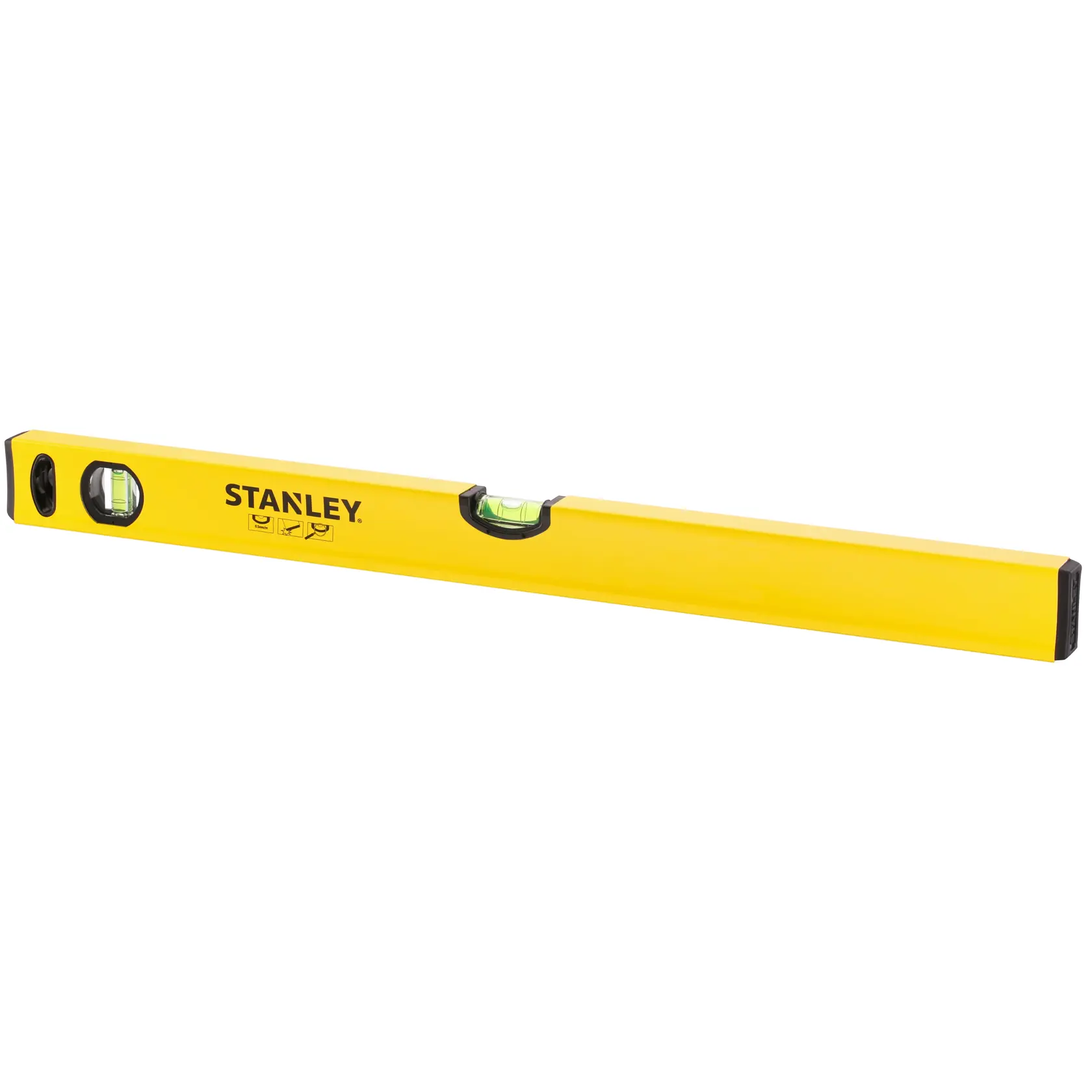 Gelbe Stanley Wasserwaage mit zwei Röhren zur Messung von horizontaler und vertikaler Ausrichtung.