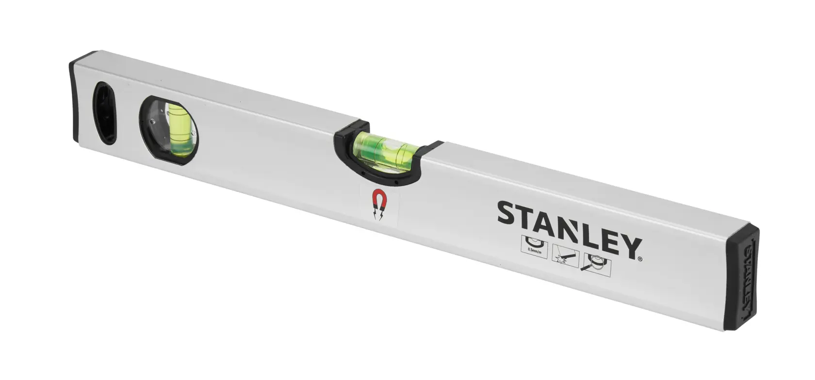 Stanley Wasserwaage mit Magnetfunktion und zwei Libellen, Silber, für präzises Messen.