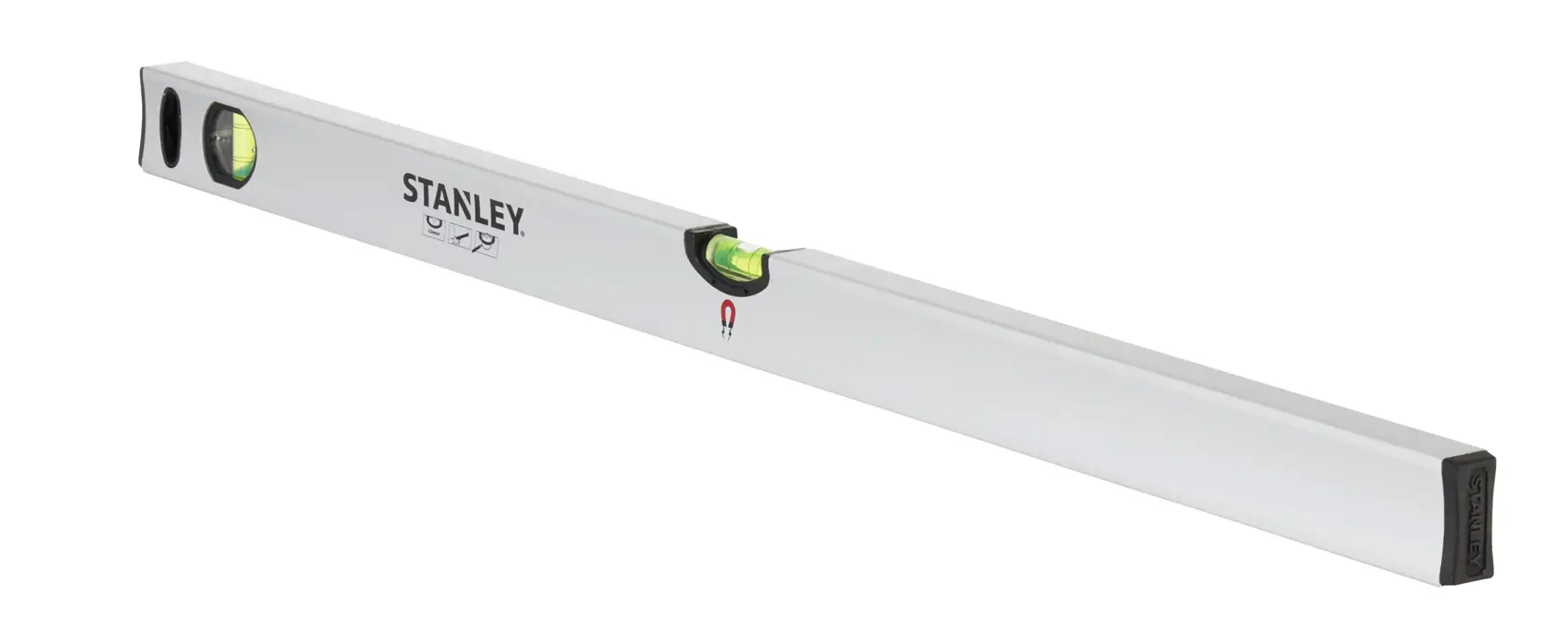 Stanley-Aluminium-Wasserwaage mit zwei Libellen für präzises Nivellieren im Bau oder bei Fotografie.