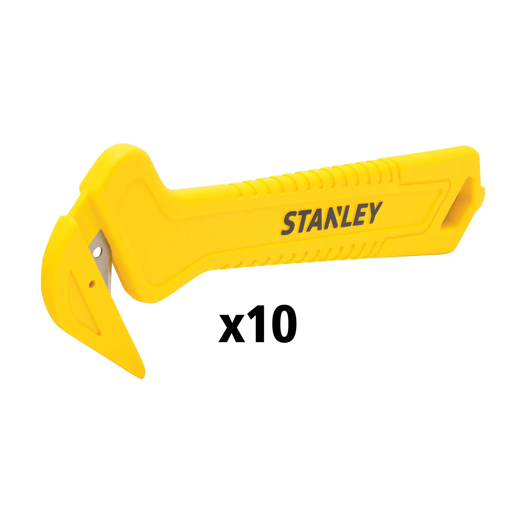 STANLEY STHT10355-1 gelber Sicherheitsmesser, Seitenansicht auf weiß, 10er Set, Kunststoffgriff mit Schutz.