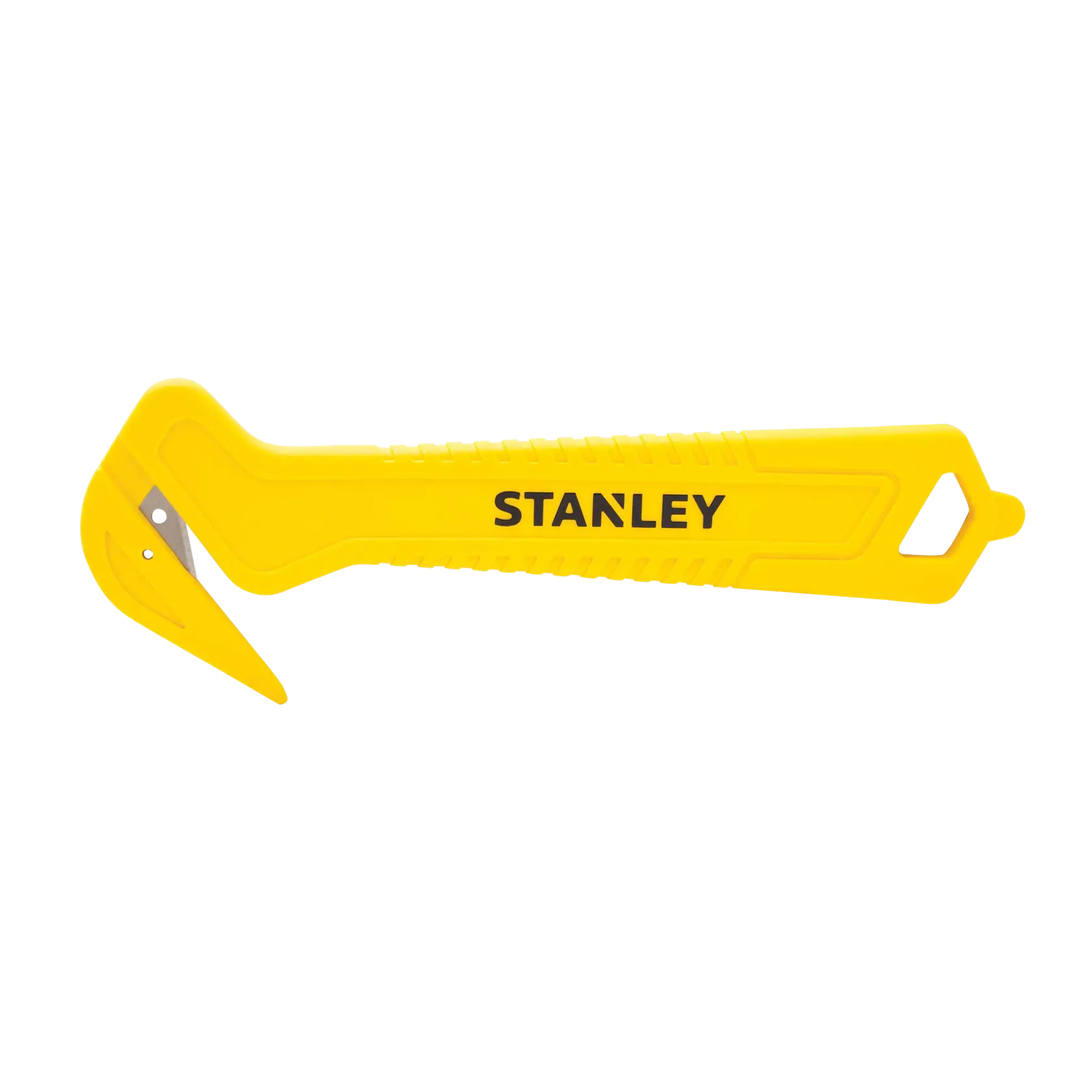 STANLEY STHT10355-1 gelber Sicherheitschneider, schräge Ansicht auf weißem Hintergrund.