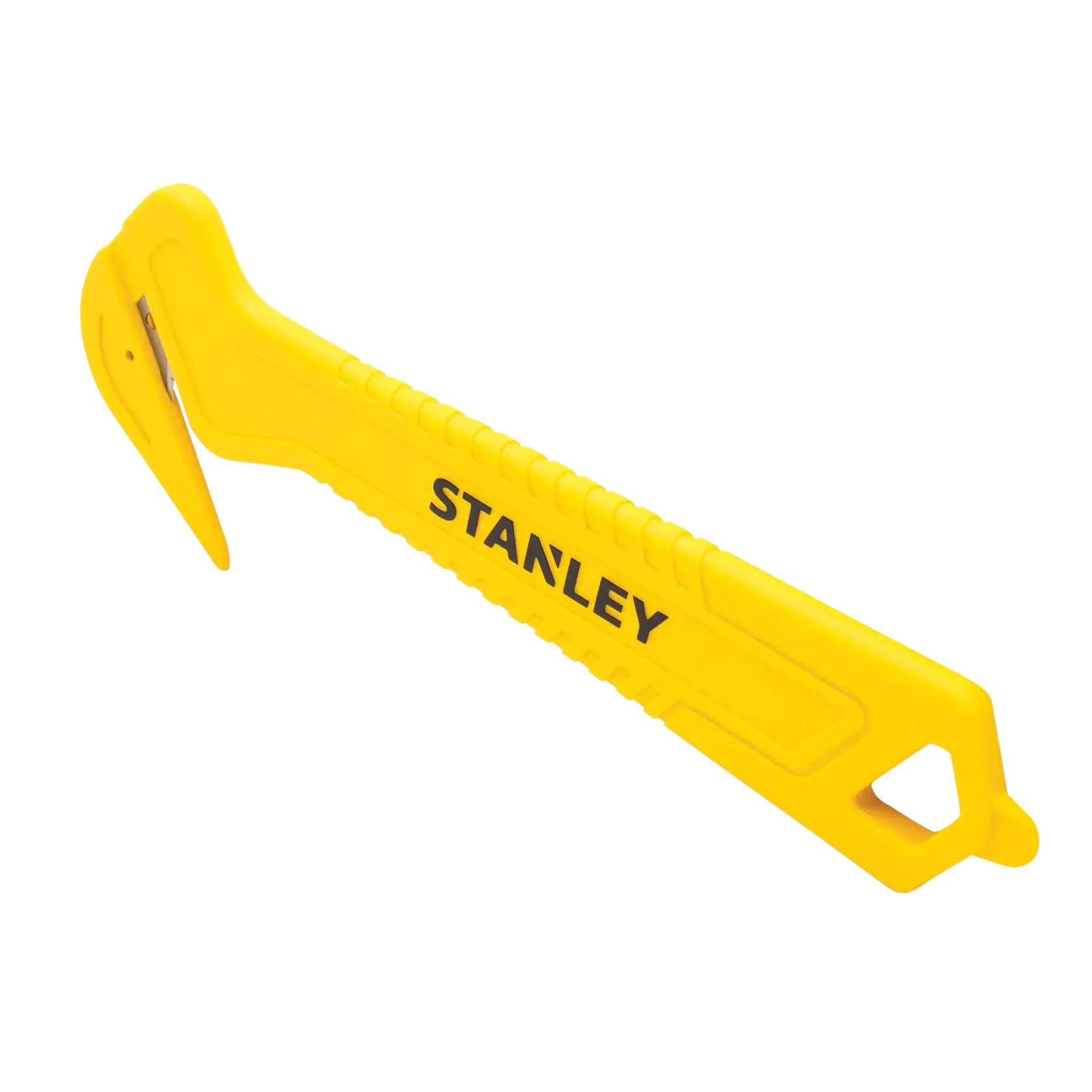 STANLEY STHT10355-1 gelber Sicherheitscutter, rechte Seitenansicht, Kunststoffgriff mit Hakenklinge.