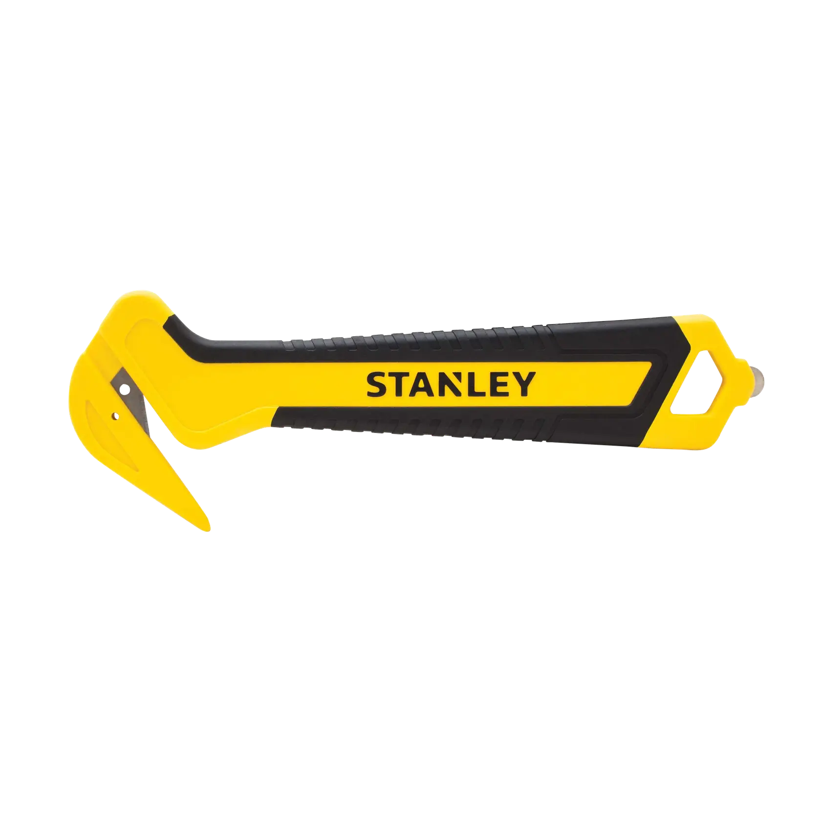 STANLEY STHT10356-0 Sicherheitsmesser, gelb und schwarz, Seitenansicht auf weißem Hintergrund.