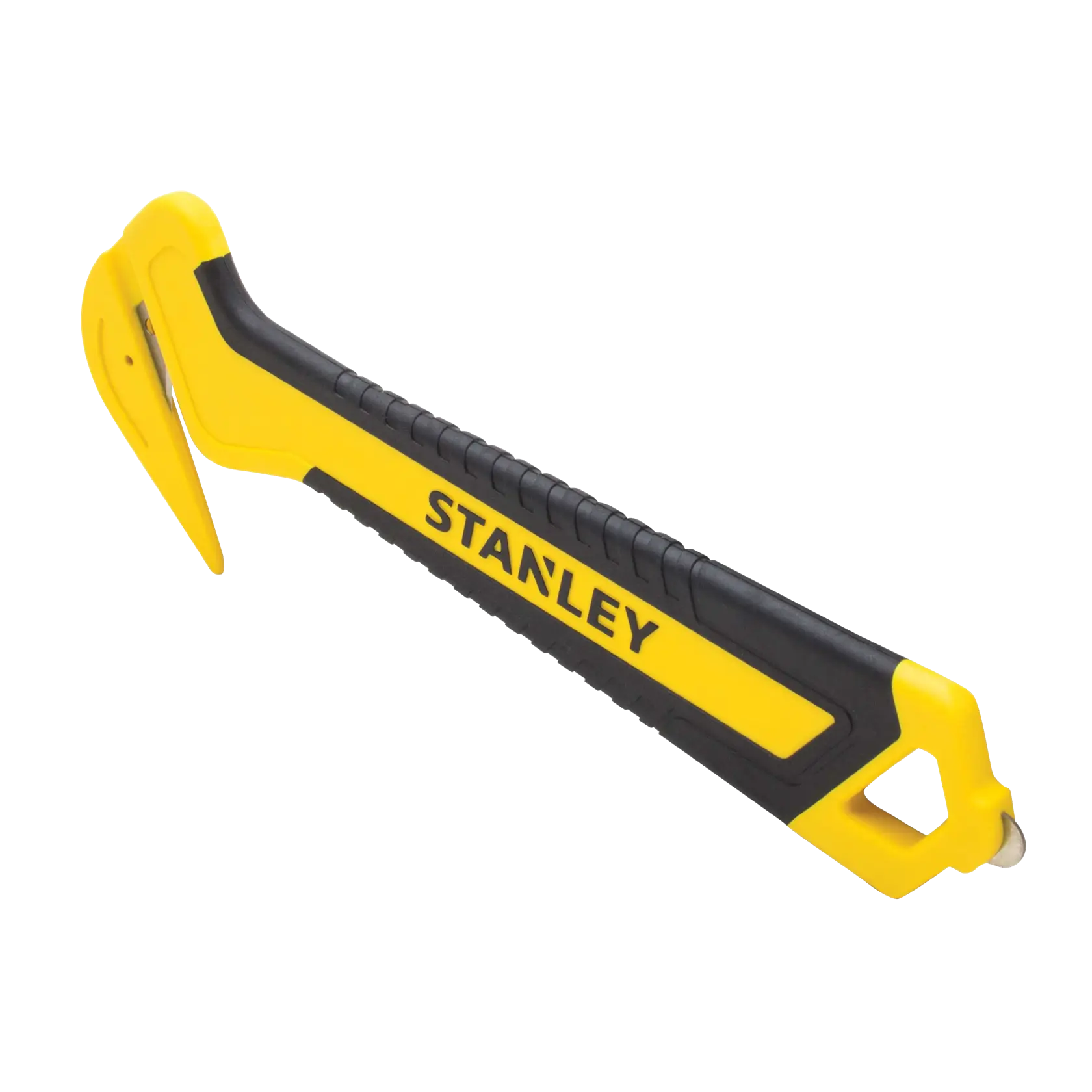 STANLEY STHT10356-0 Sicherheitsmesser, schwarz und gelb, Seitenansicht, Fotografie auf weißem Hintergrund.