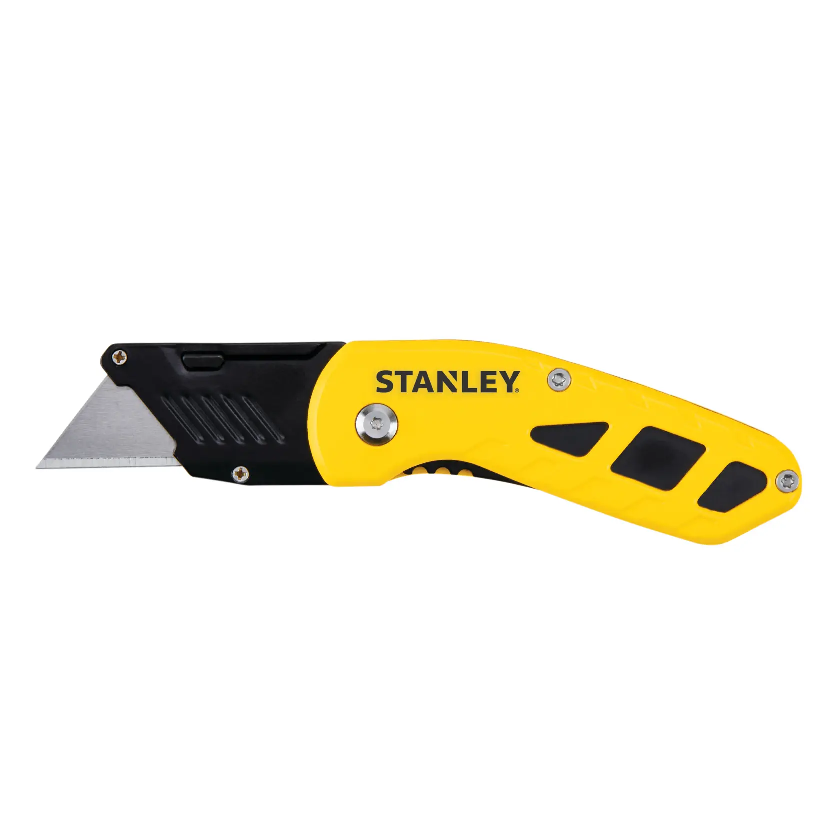 STANLEY STHT10424-0 Klappbares Universalmesser, gelb-schwarzer Griff, Seitenansicht auf weißem Hintergrund.