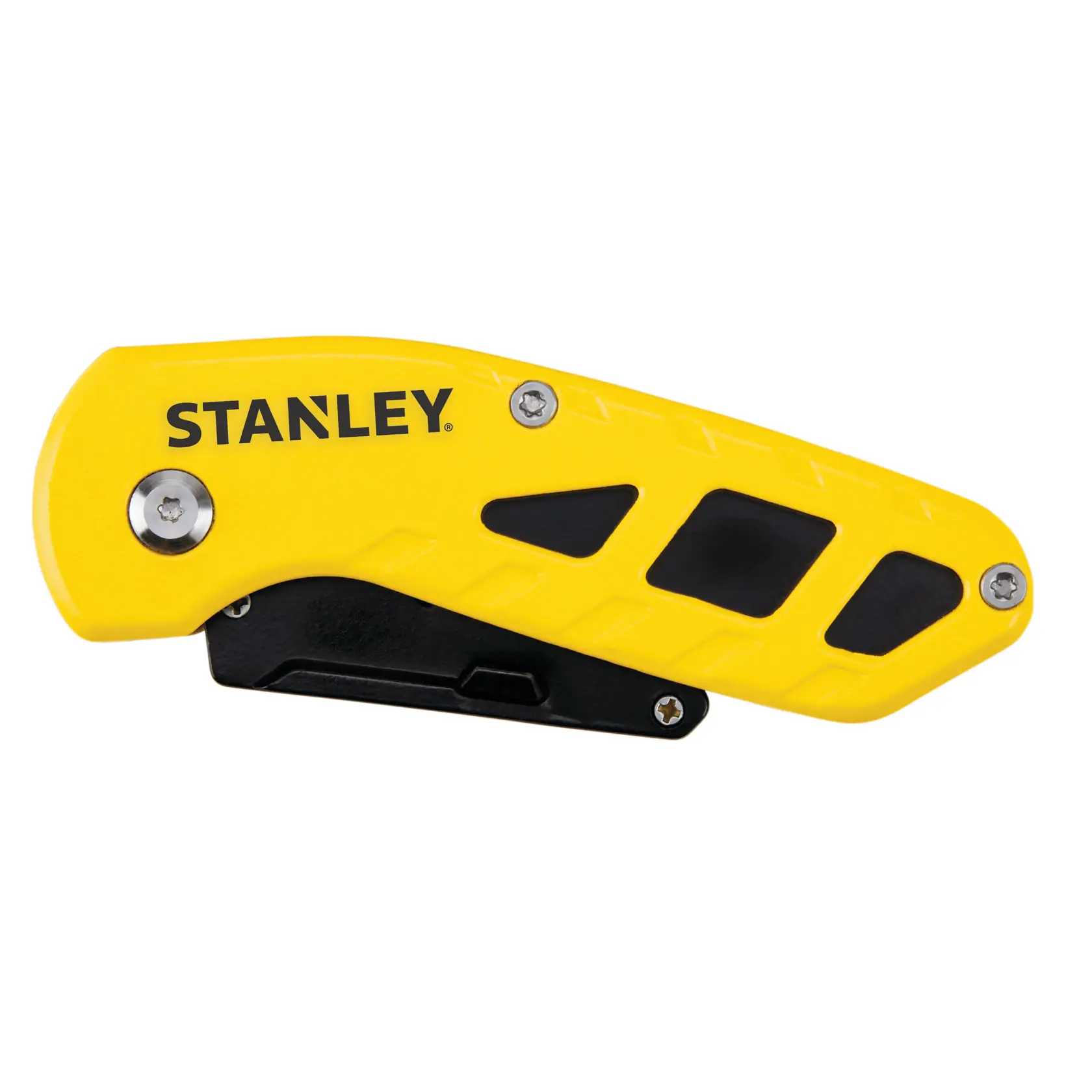 STANLEY STHT10424-0 Klappbares Universalmesser mit gelbem und schwarzem Griff, linke Seitenansicht, auf weißem Hintergrund.