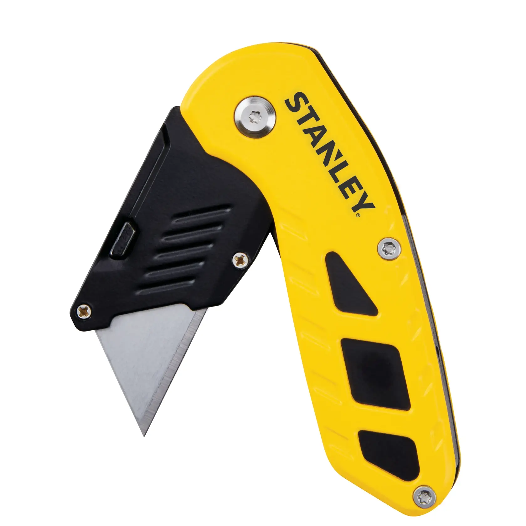STANLEY STHT10424-0 Klappbares Universalmesser mit gelbem und schwarzem Griff, rechte Seitenansicht auf weißem Hintergrund.