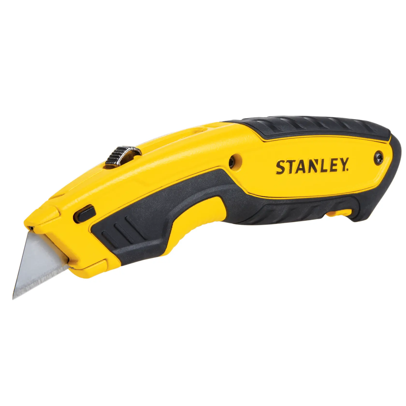 STANLEY STHT10479-0 gelb-schwarzes Universalmesser Seitenansicht, einziehbare Klinge, ergonomischer Griff.