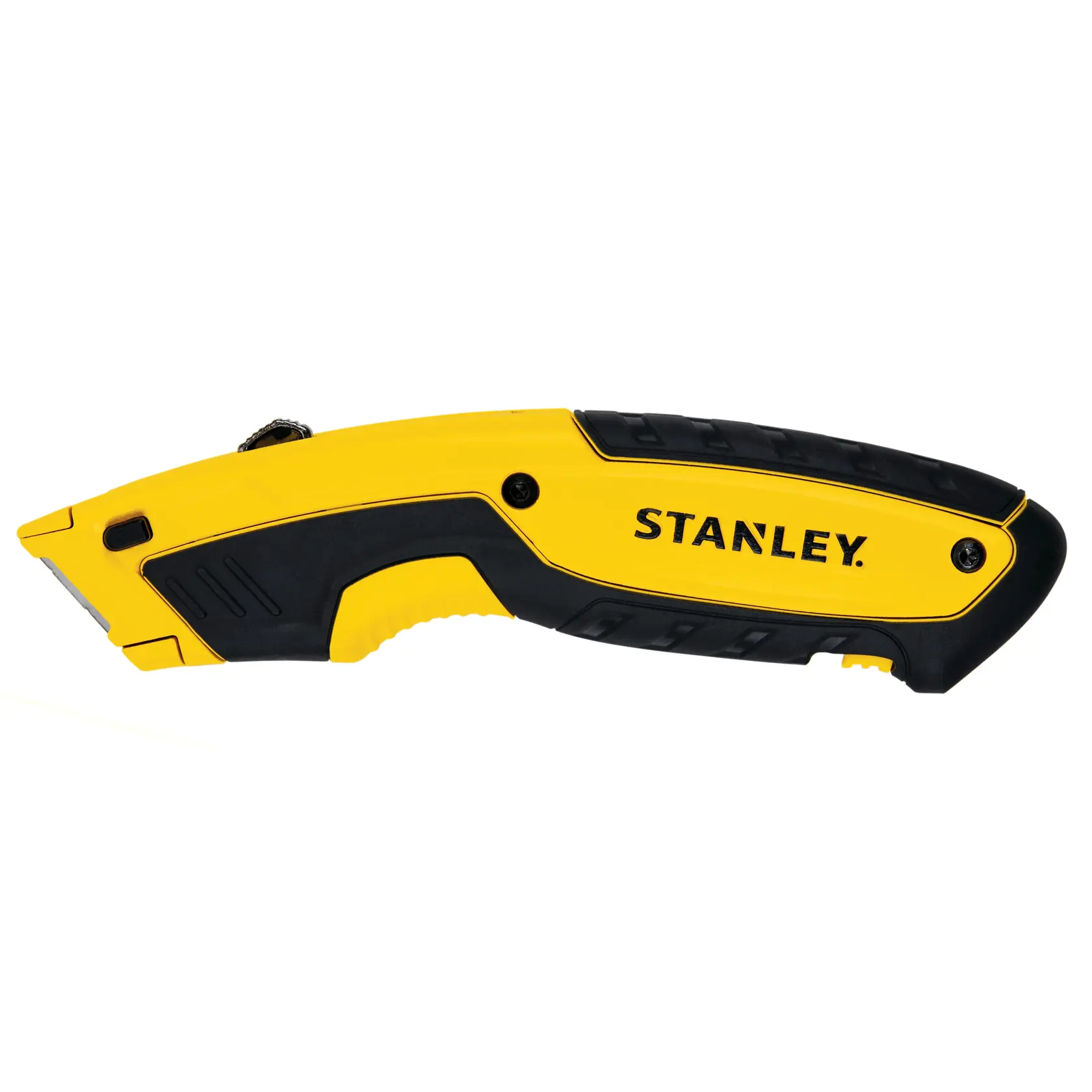Stanley STHT10479-0 gelbes und schwarzes Universalmesser Seitenansicht auf weißem Hintergrund.