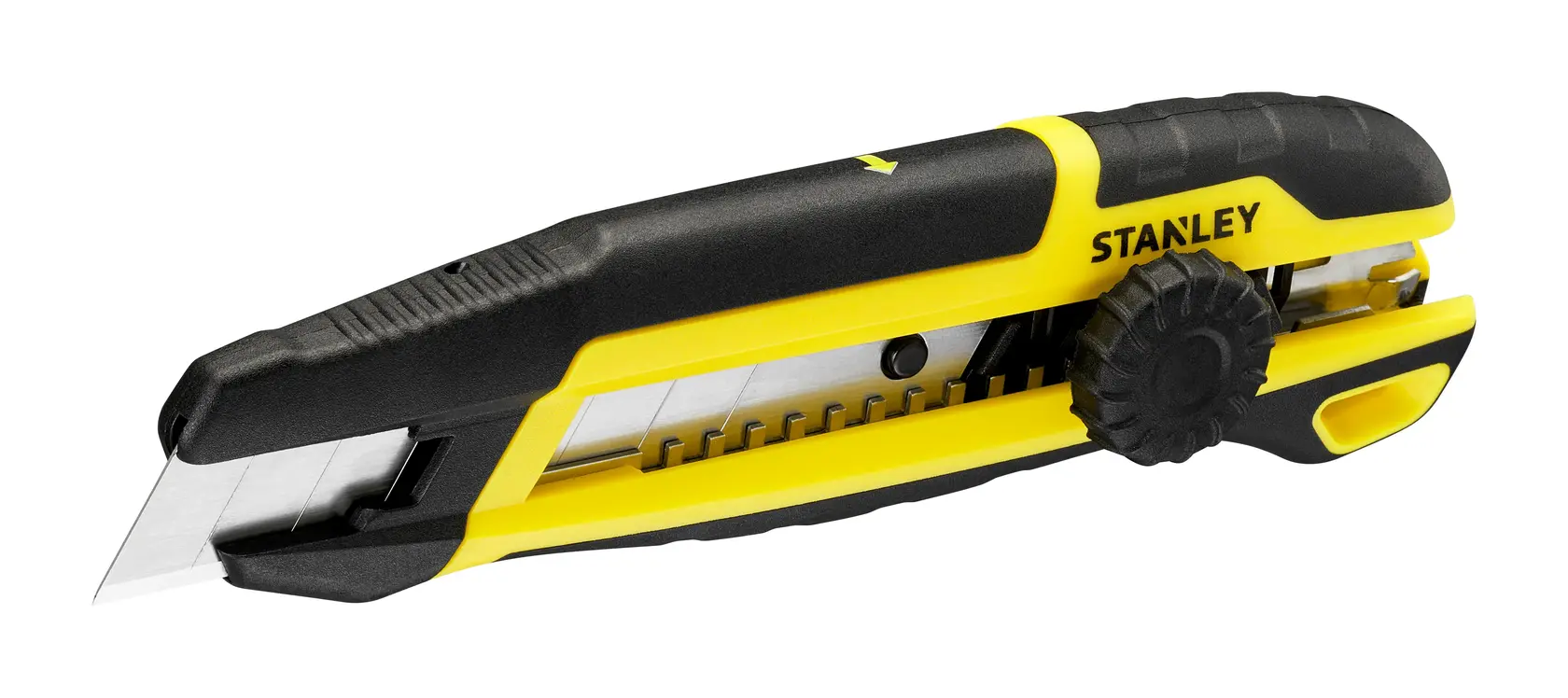 STANLEY STHT10500-0 Universalmesser, schwarz-gelb, Seitenansicht auf weißem Hintergrund.