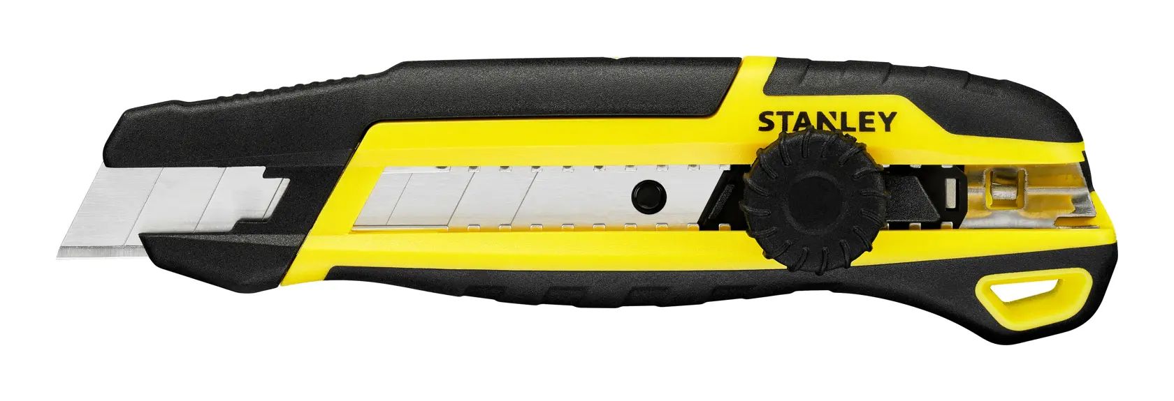 STANLEY STHT10500-0 Universalmesser, gelb und schwarz, Seitenansicht auf weißem Hintergrund.