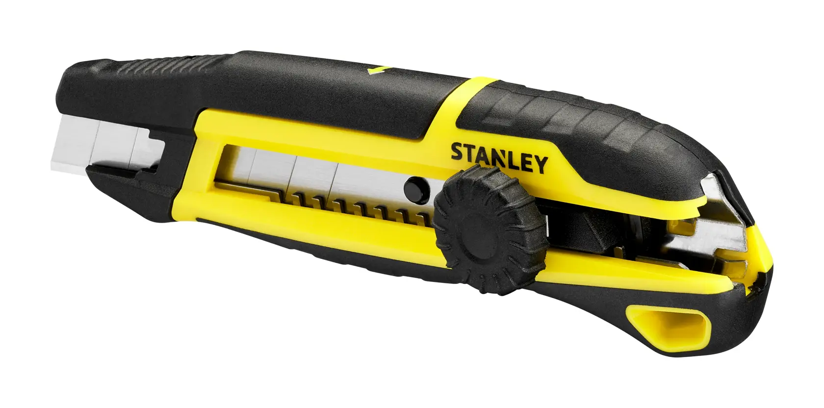 Stanley STHT10500-0 Universalmesser, schwarz-gelb, Seitenansicht auf weißem Hintergrund.