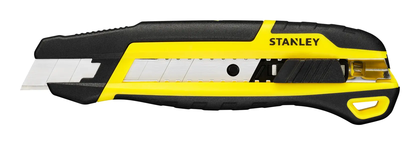 STANLEY STHT10501-0 Universalmesser, schwarz-gelbes Gehäuse, Seitenansicht auf weißem Hintergrund.