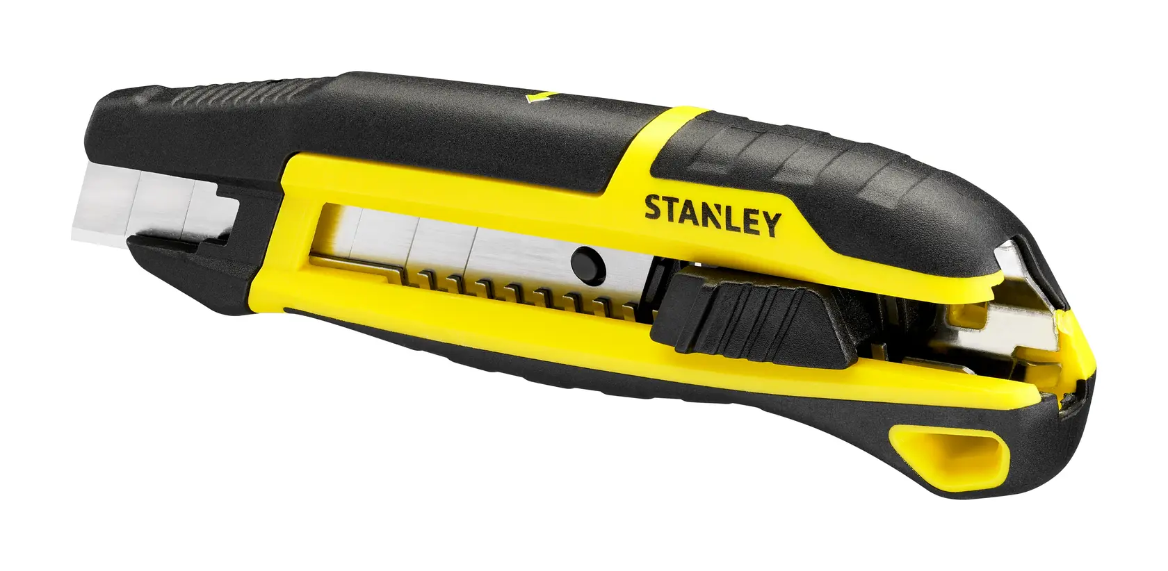 STANLEY STHT10501-0 einziehbares Universalmesser, gelb und schwarz, Seitenansicht vor weißem Hintergrund.