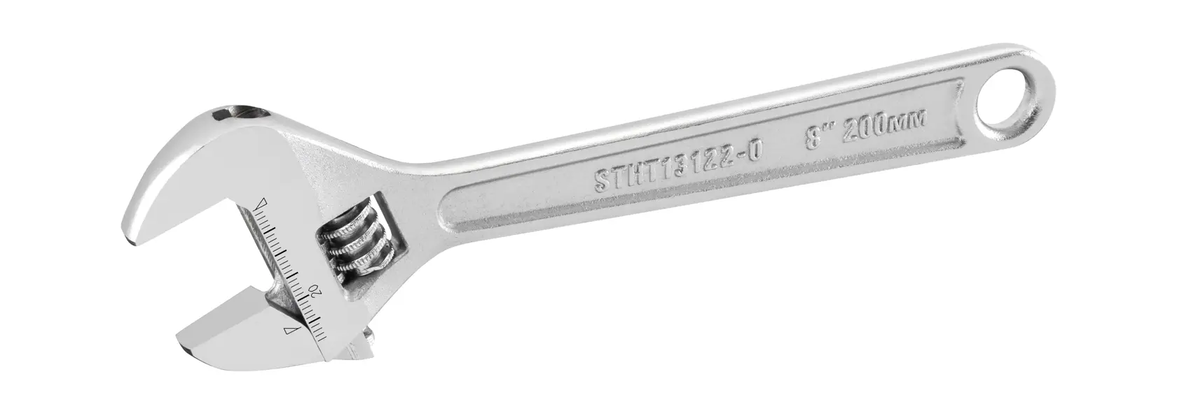 Verstellbarer silberner Schraubenschlüssel mit Skala, Marke Stanley, 8 Zoll, Loch am Griffende.