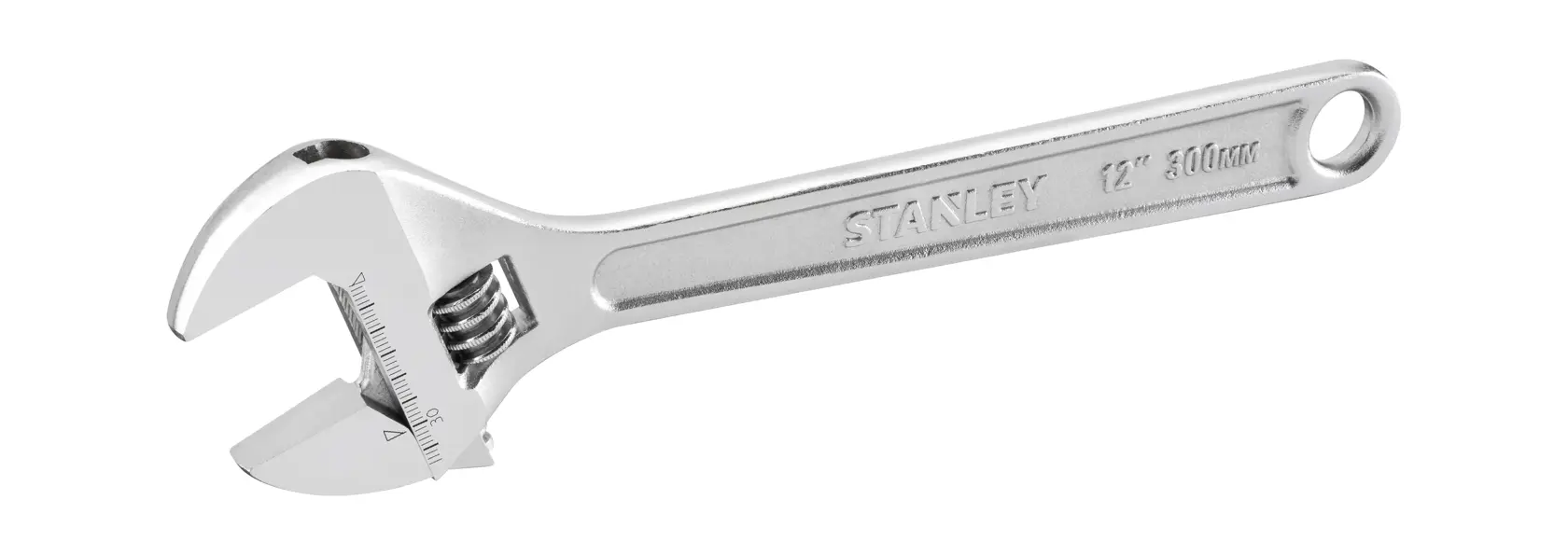 STANLEY 12-Zoll verstellbarer Schraubenschlüssel mit metrischer Skala, silberfarben, Loch am Griffende.