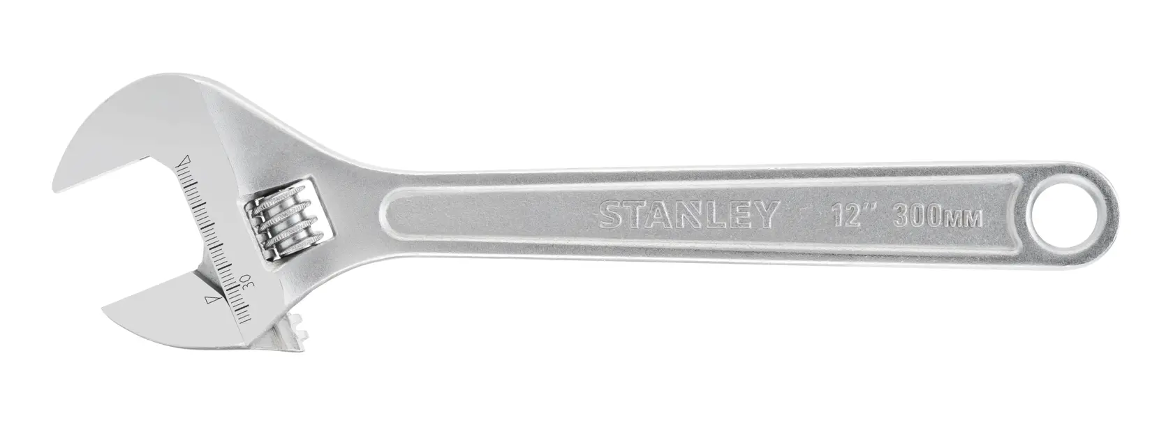 Silberner verstellbarer Schraubenschlüssel STANLEY, 12 Zoll 300 mm, mit Markierungen.