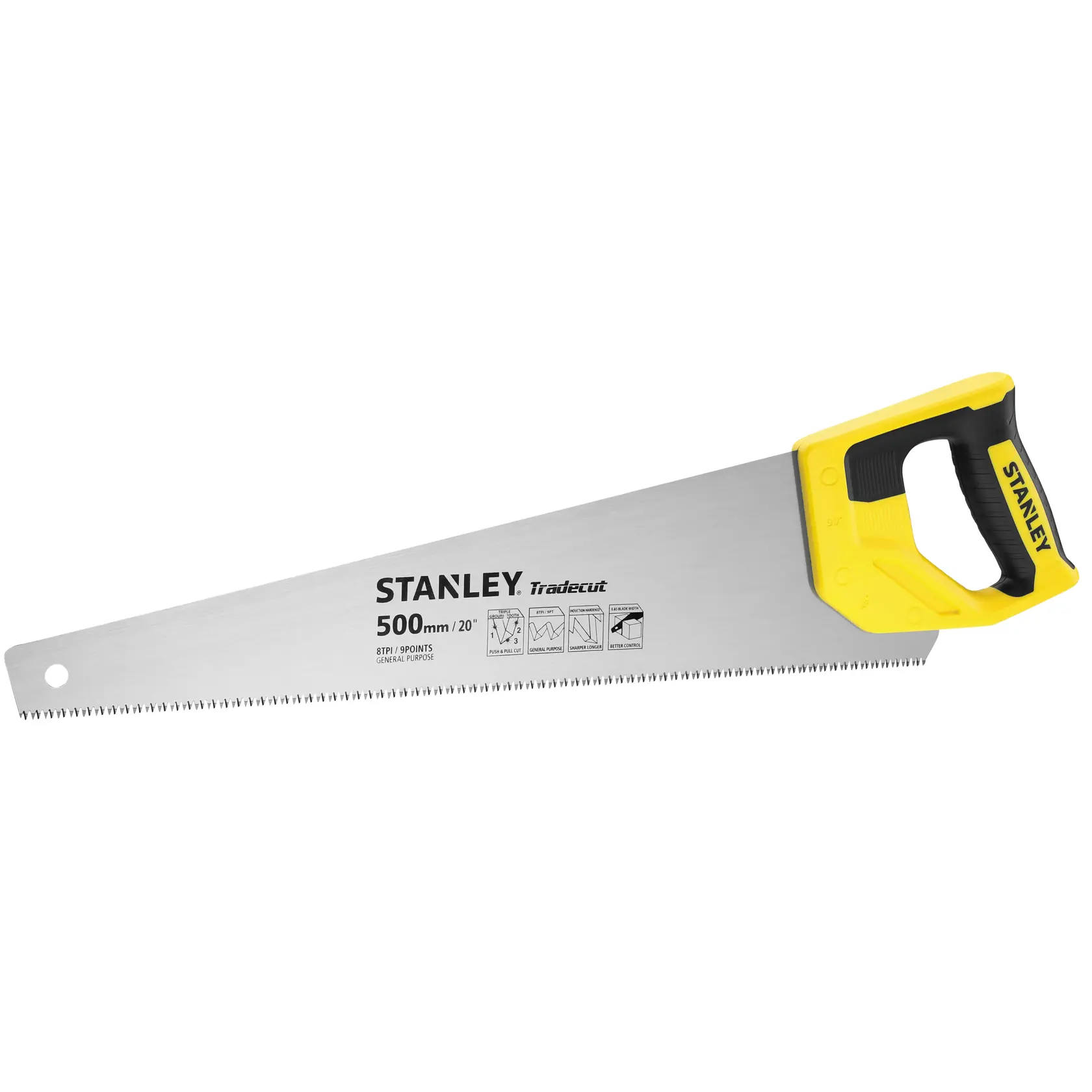 Foto der Handsäge STANLEY STHT20350-1 mit gelb-schwarzem Griff, 500mm Klinge, Seitenansicht, auf weißem Hintergrund.