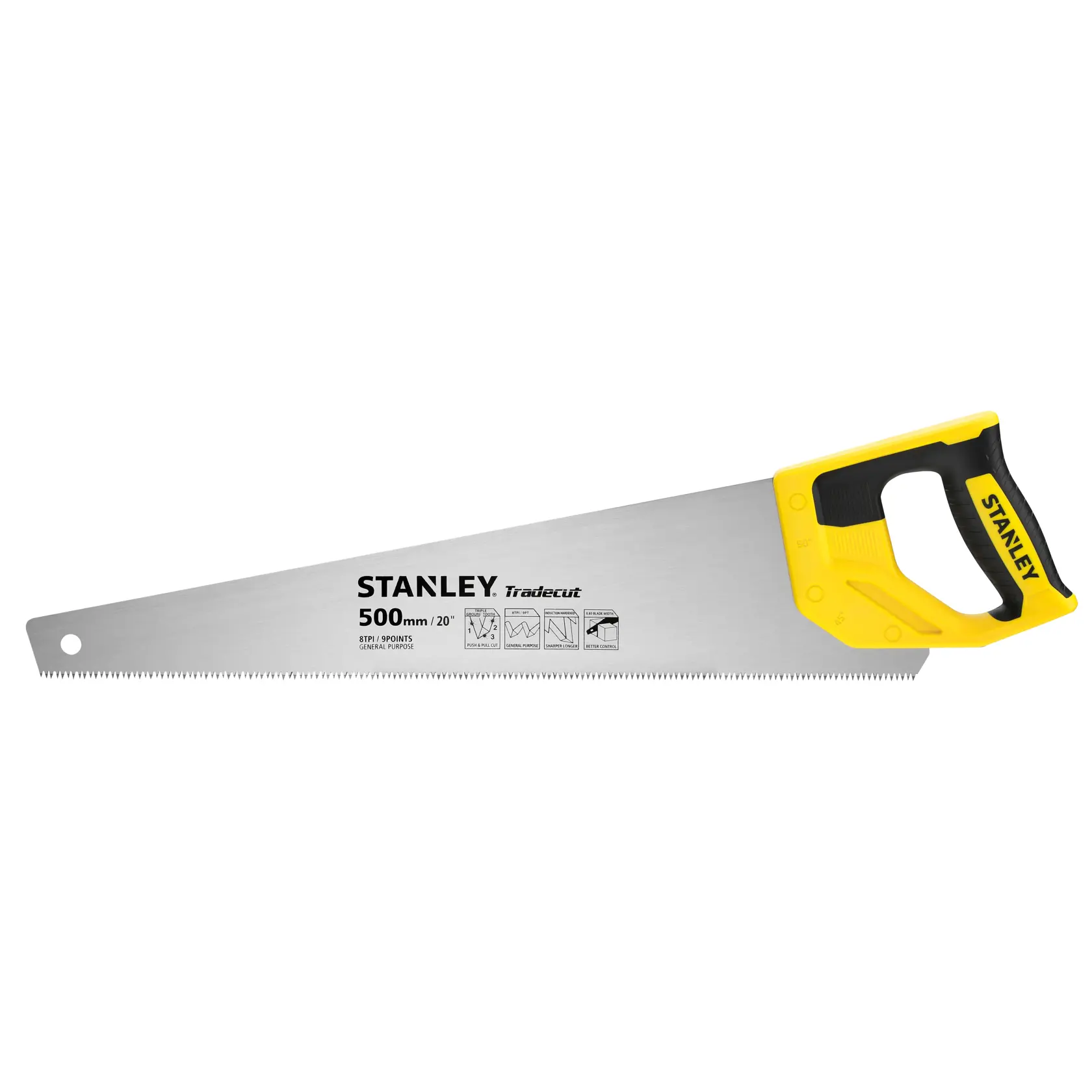 STANLEY Handsäge mit gelbem Griff und 500-mm-Klinge zum Schneiden von Holz und anderen Materialien.