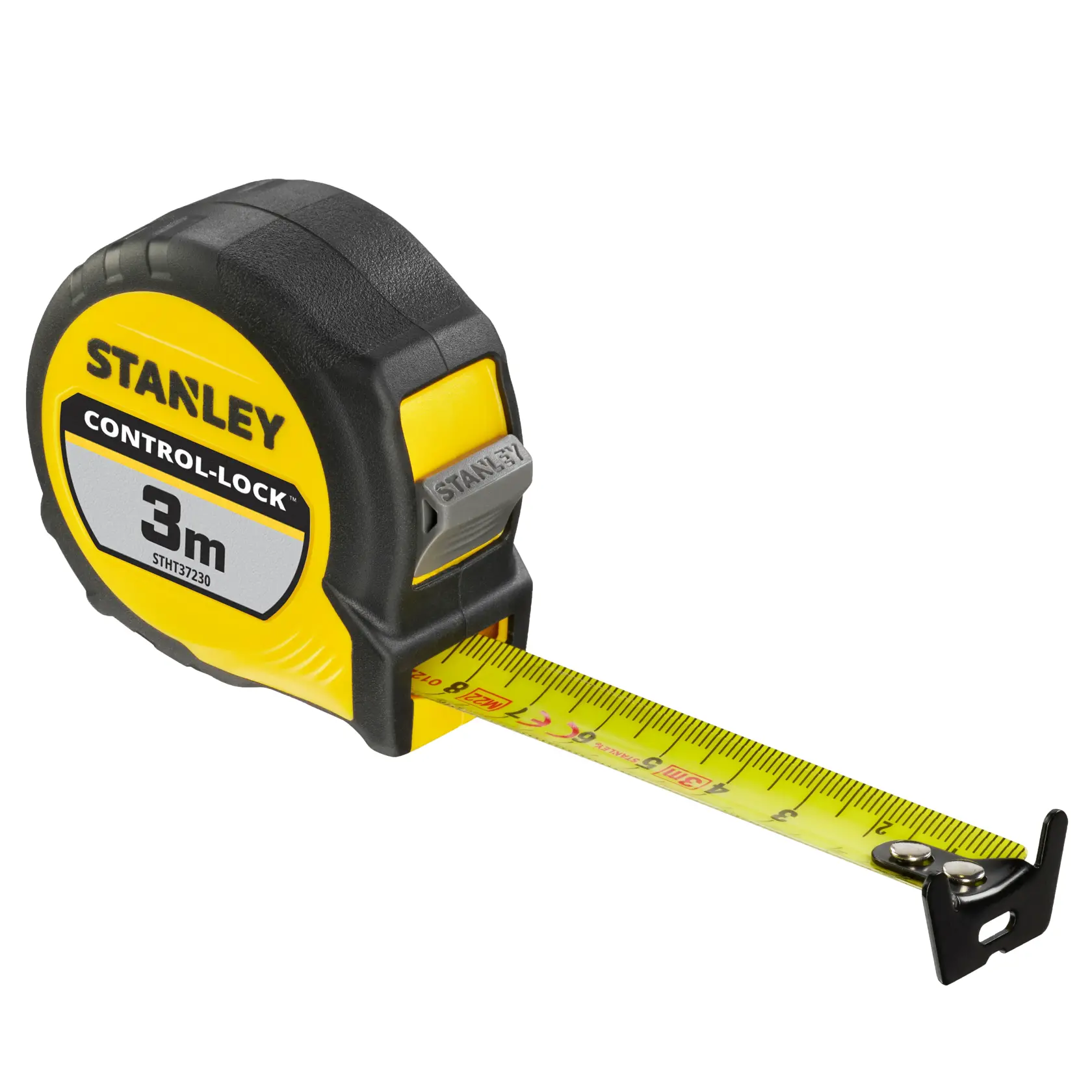 STANLEY STHT37230-0 Maßband, 3m Länge, schwarz-gelbes Gehäuse, CONTROL-LOCK, Seitenansicht auf weißem Hintergrund.