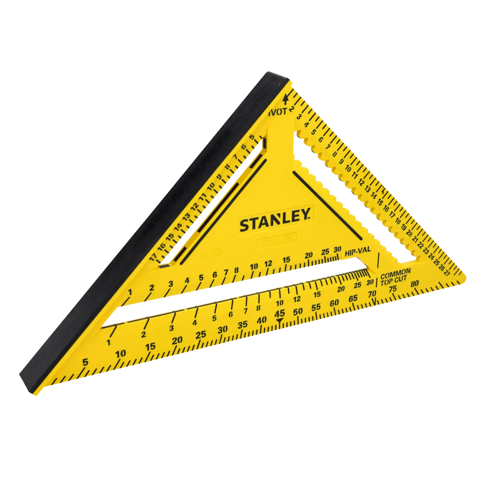 STANLEY STHT46013-0 gelbes Kunststoff-Zimmermannswinkel mit schwarzen Markierungen, Seitenansicht auf weißem Hintergrund.