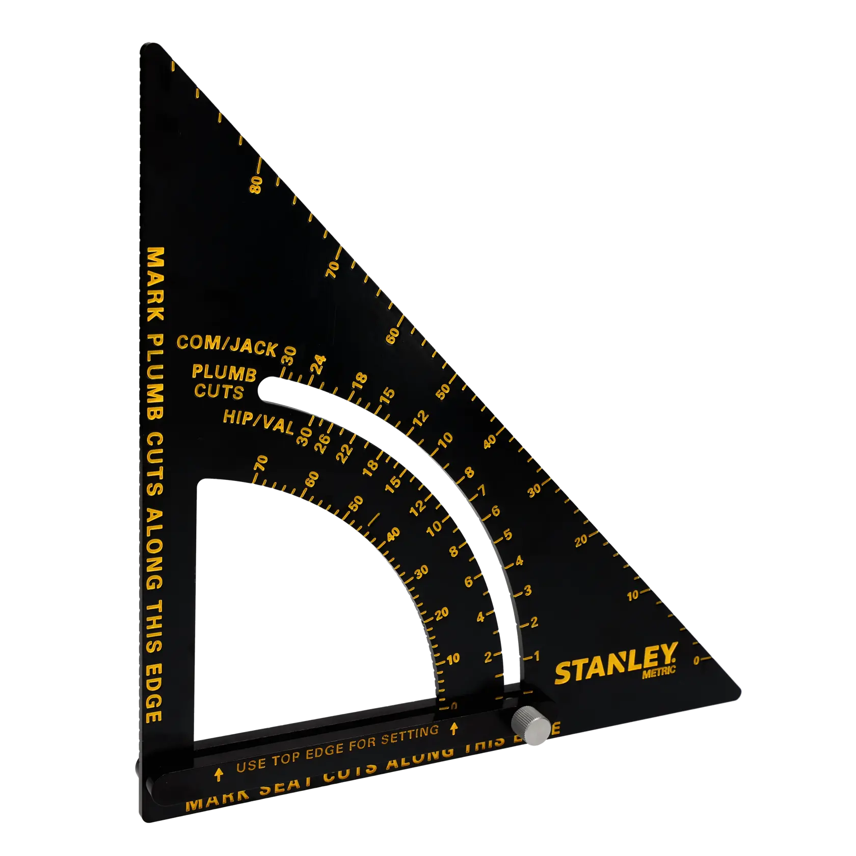 STANLEY STHT46054-0 schwarzer metrischer Winkel mit gelben Markierungen, Vorderansicht auf weißem Hintergrund.