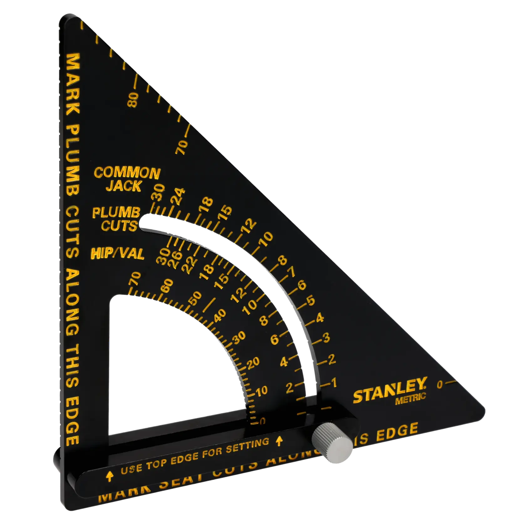 STANLEY STHT46056-0 schwarze metrische Zimmermannswinkel mit gelber Skalierung, Seitenansicht, für Schreinerarbeiten.