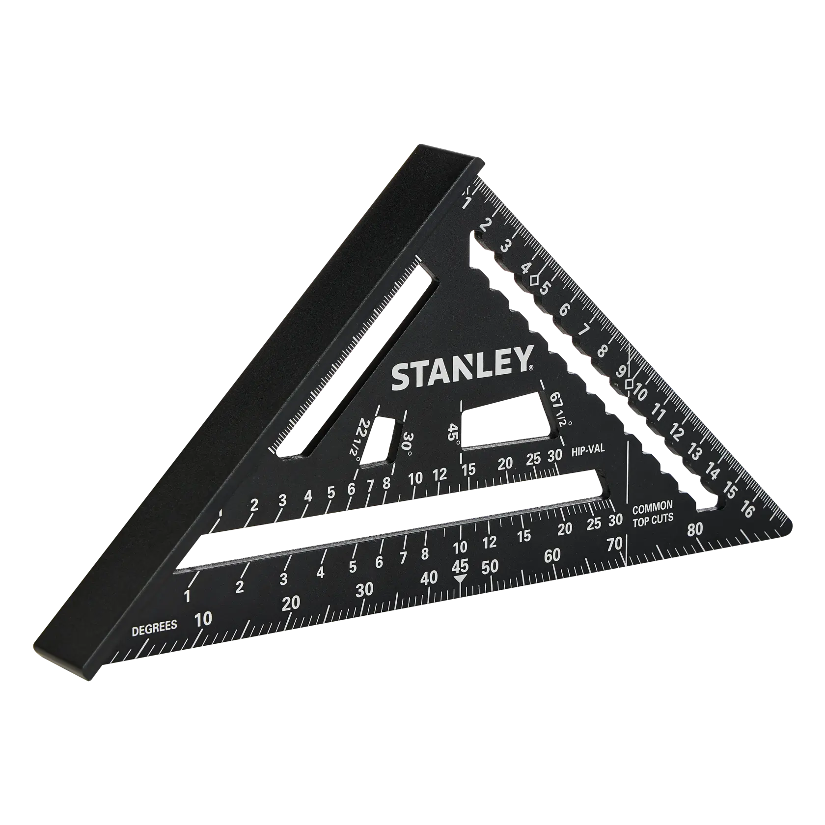 STANLEY STHT46101-0 schwarzes dreieckiges Speed Square mit weißen Markierungen, Fotografie, schräge Ansicht auf weißem Hintergrund.
