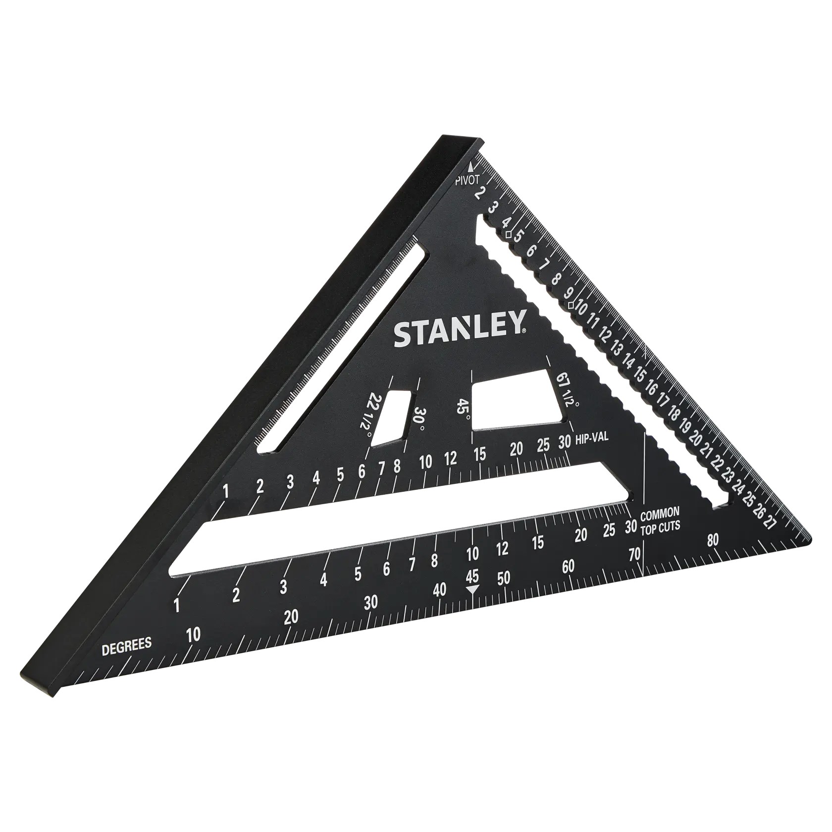 STANLEY STHT46102-0 schwarzes dreieckiges Zimmermannswinkel, Seitenansicht, mit weißen Messmarkierungen.